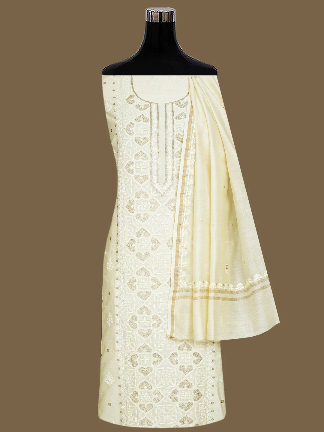 Ada Hand Embroidered Beige Chanderi Lucknowi Chikankari Unstitched Kurta Dupatta Set With Pearl Work 01A525862