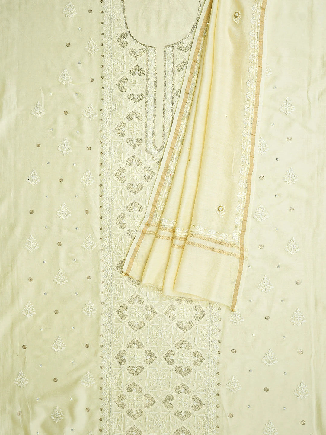 Ada Hand Embroidered Beige Chanderi Lucknowi Chikankari Unstitched Kurta Dupatta Set With Pearl Work 01A525862