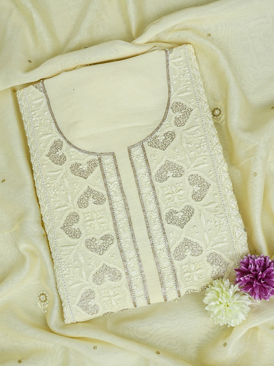 Ada Hand Embroidered Beige Chanderi Lucknowi Chikankari Unstitched Kurta Dupatta Set With Pearl Work 01A525862