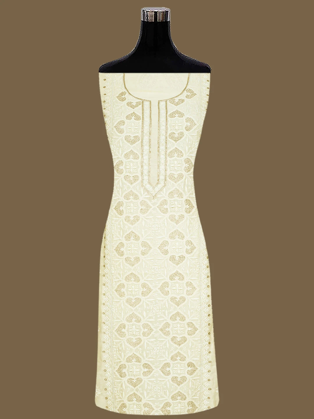 Ada Hand Embroidered Beige Chanderi Lucknowi Chikankari Unstitched Kurta Dupatta Set With Pearl Work 01A525862