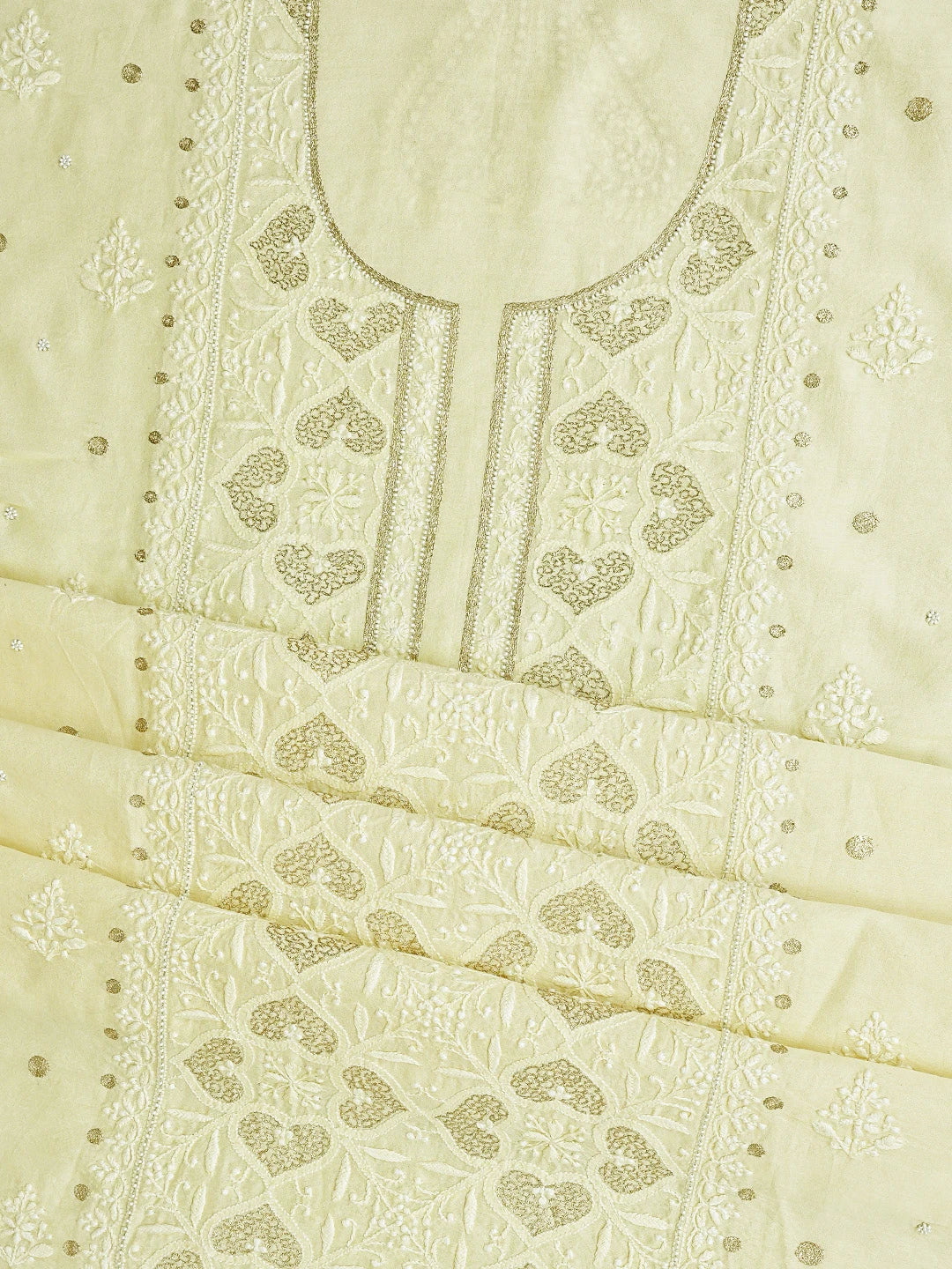 Ada Hand Embroidered Beige Chanderi Lucknowi Chikankari Unstitched Kurta Dupatta Set With Pearl Work 01A525862