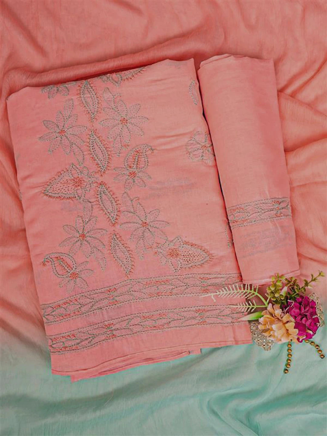 Ada Hand Embroidered Peach Cotton Lucknowi Chikankari Unstitched Suit Set 01A821814