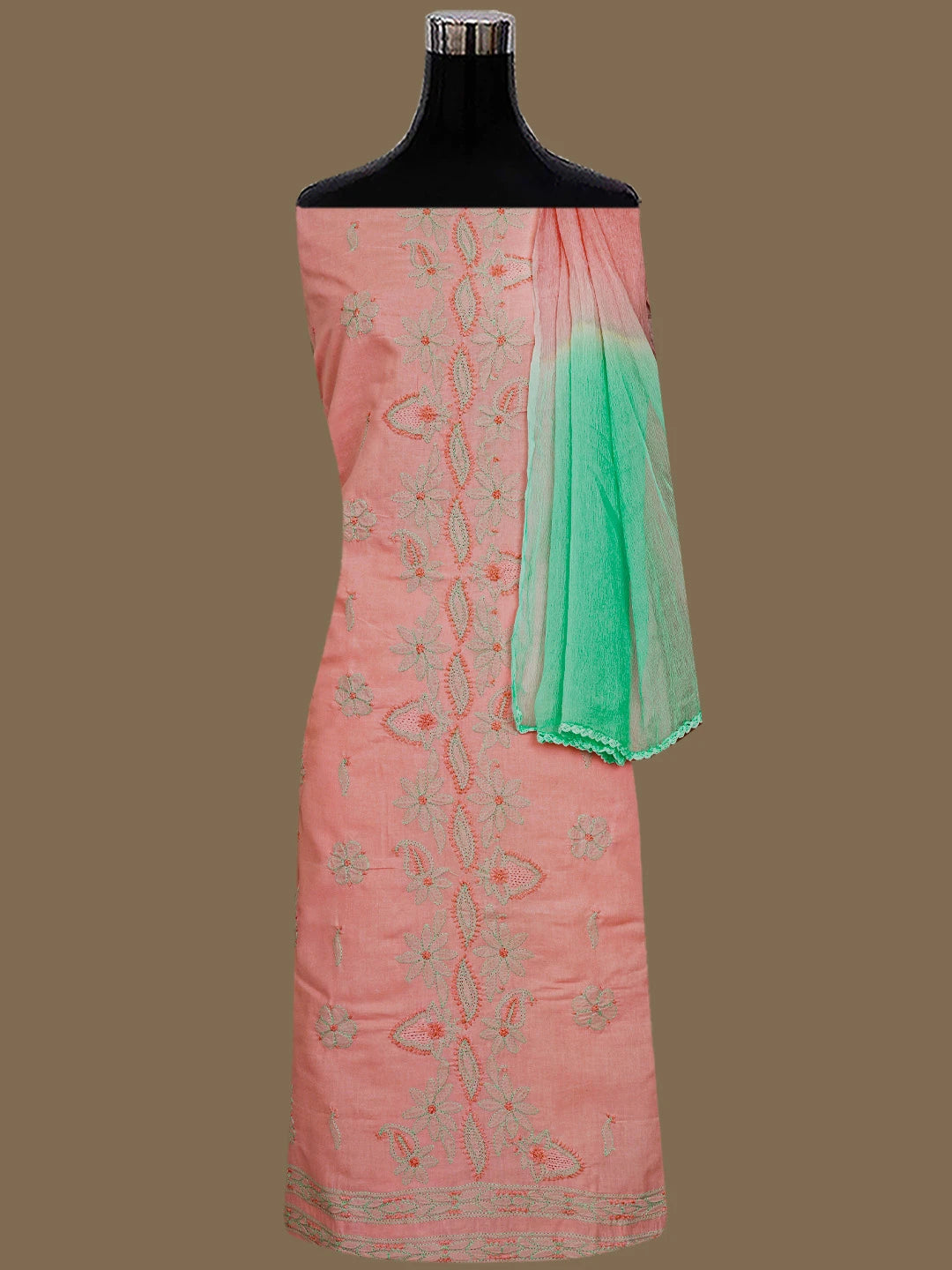 Ada Hand Embroidered Peach Cotton Lucknowi Chikankari Unstitched Suit Set 01A821814