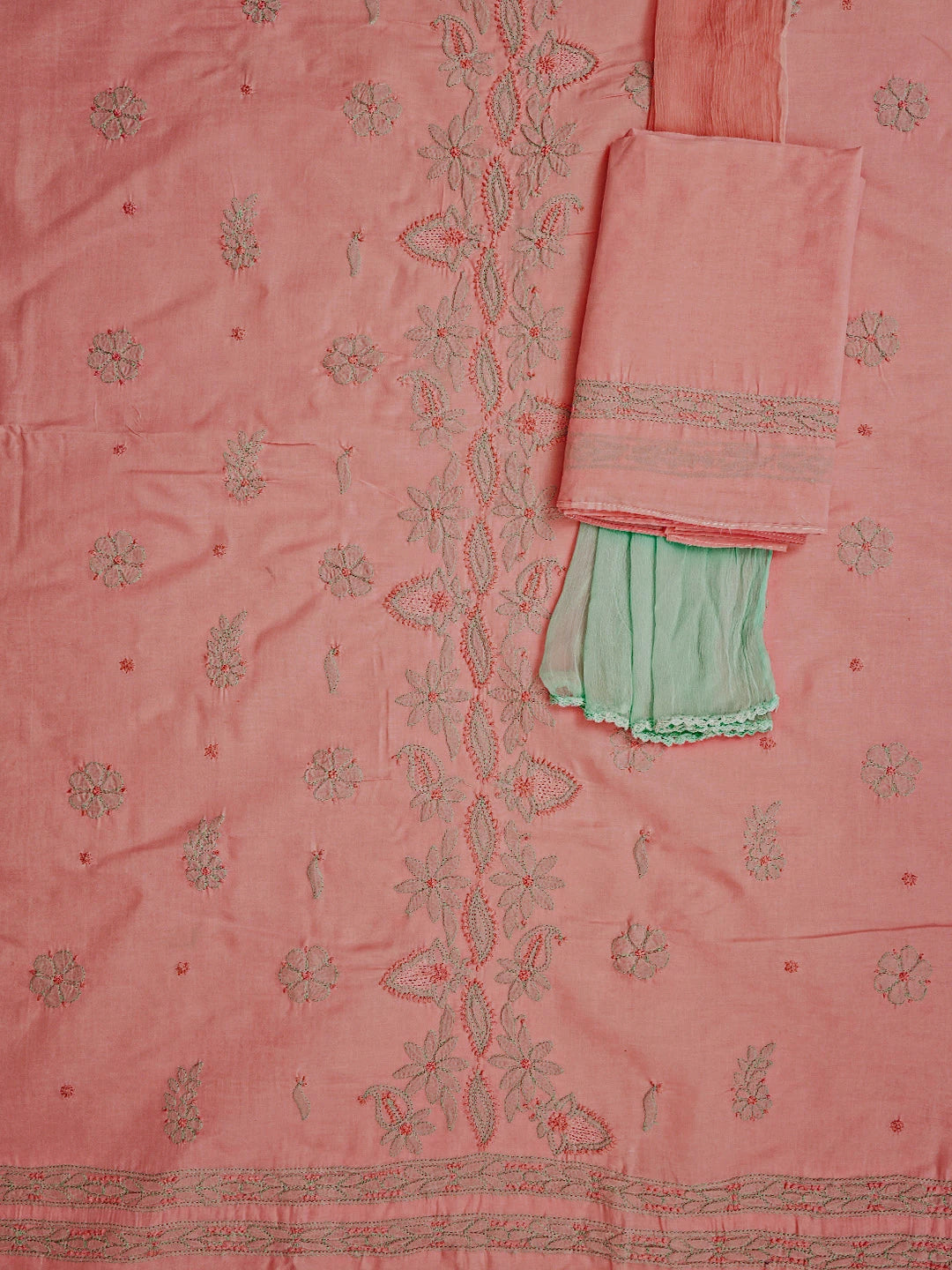 Ada Hand Embroidered Peach Cotton Lucknowi Chikankari Unstitched Suit Set 01A821814