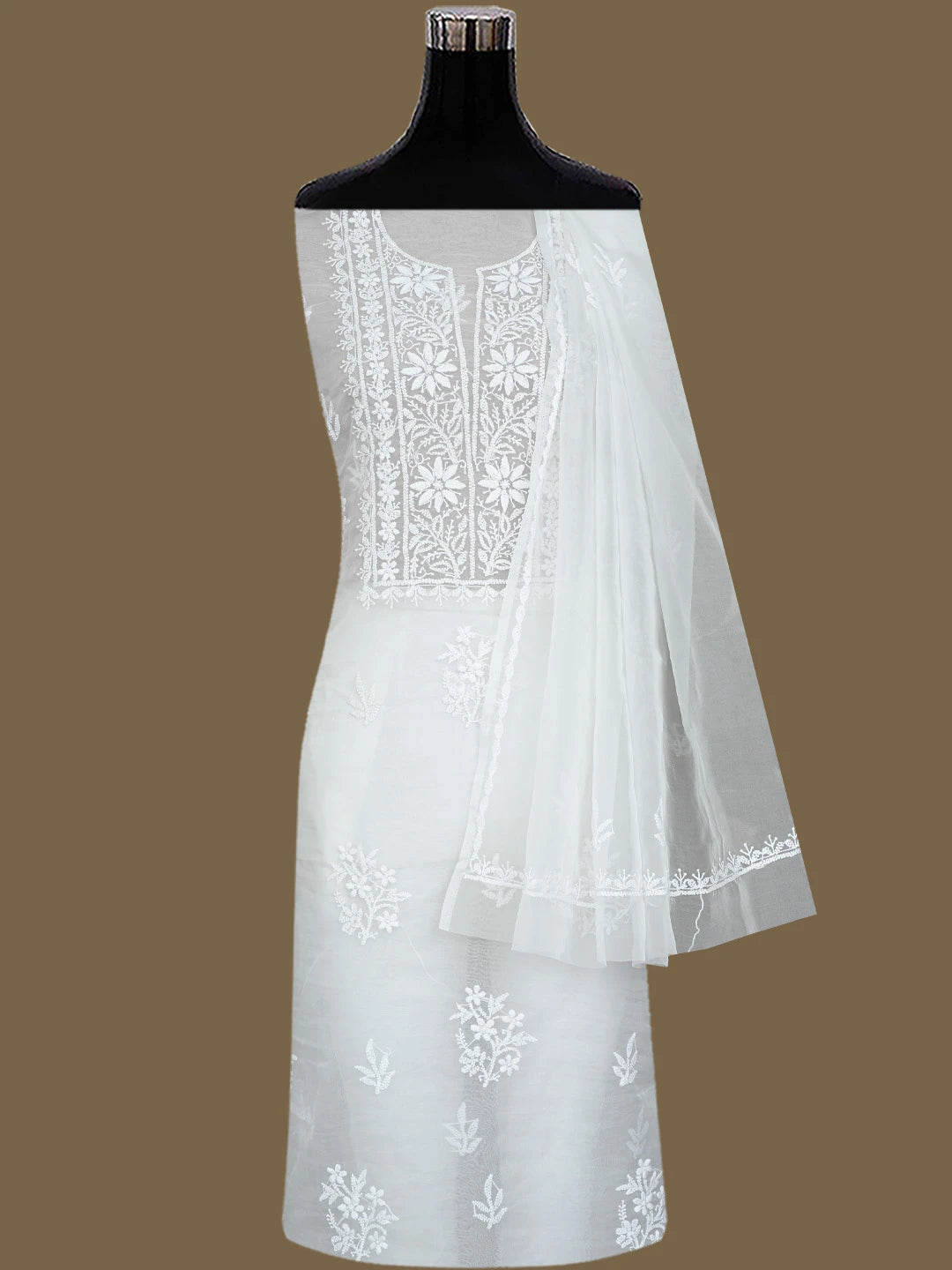 Ada Hand Embroidered White Organza Lucknowi Chikankari Unstitched Kurta Dupatta Set 01A705710