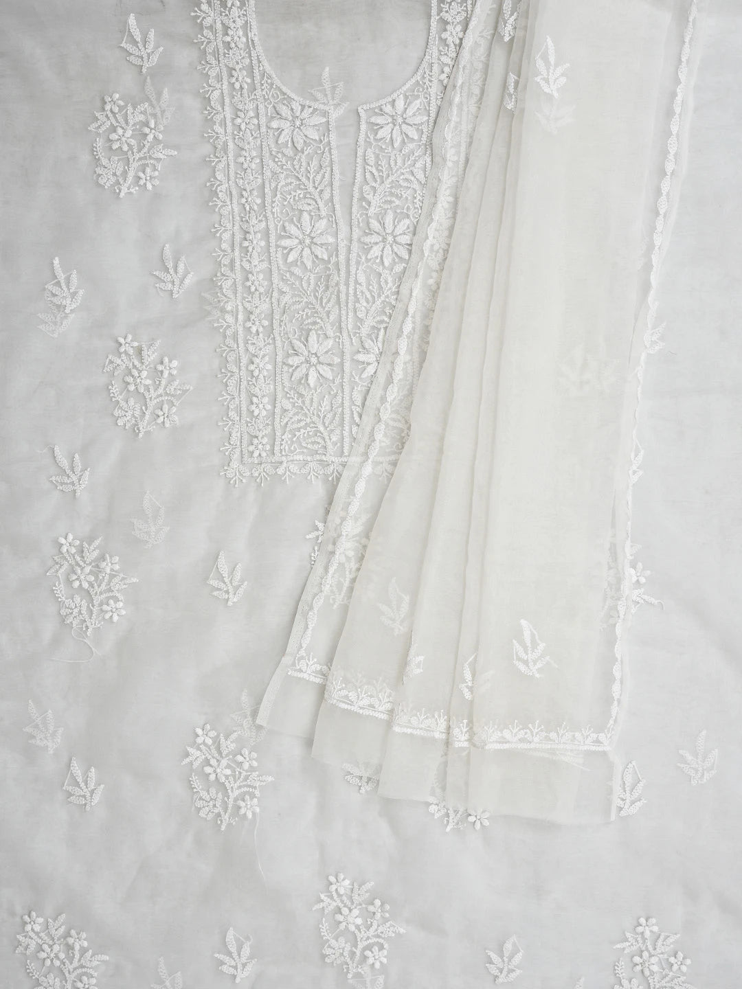Ada Hand Embroidered White Organza Lucknowi Chikankari Unstitched Kurta Dupatta Set 01A705710