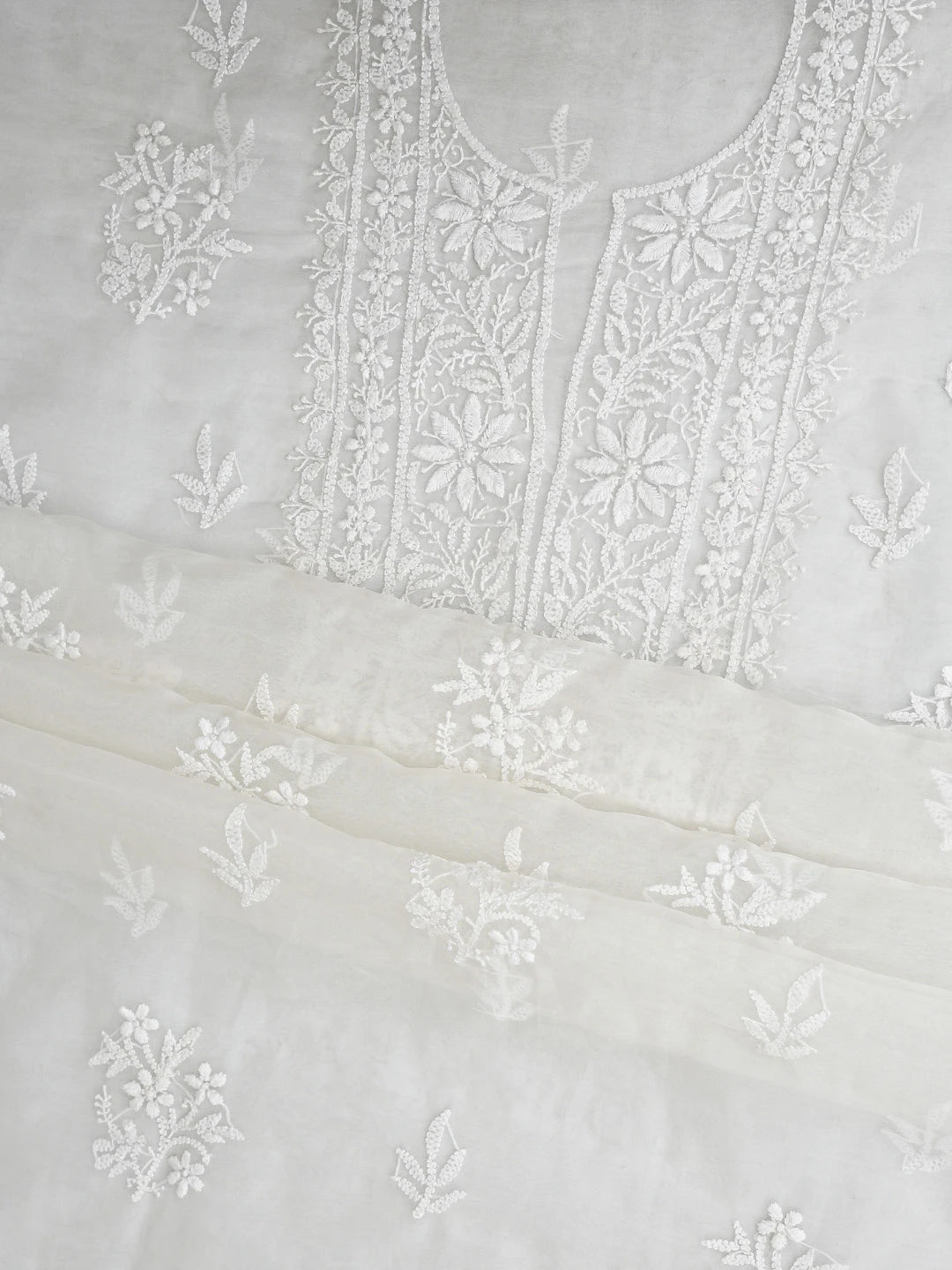 Ada Hand Embroidered White Organza Lucknowi Chikankari Unstitched Kurta Dupatta Set 01A705710
