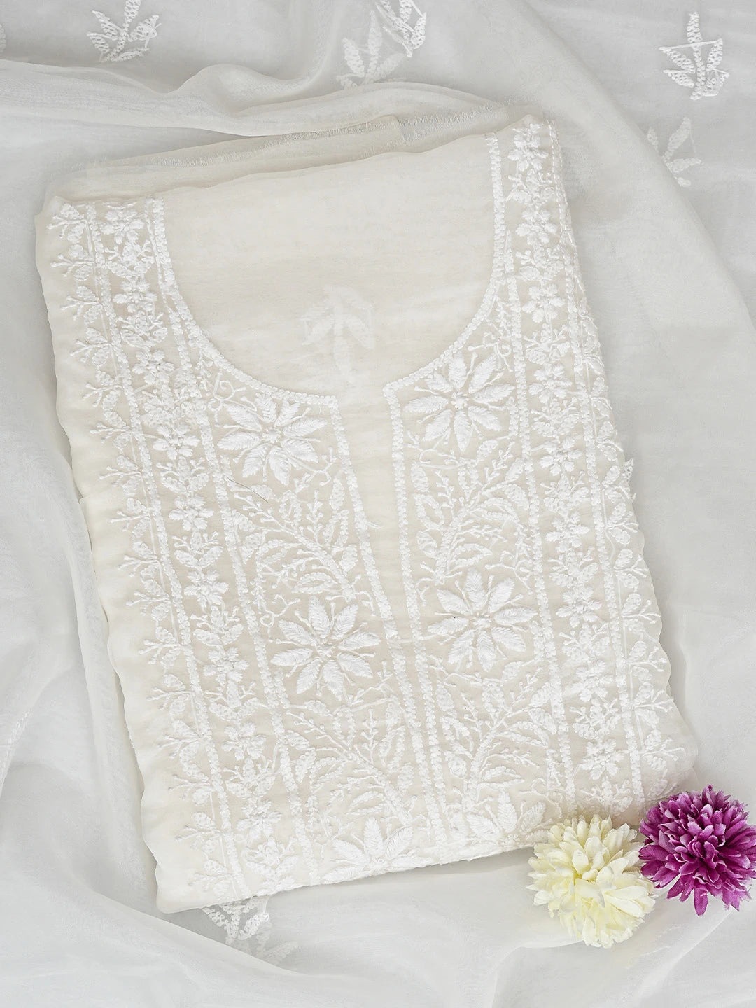 Ada Hand Embroidered White Organza Lucknowi Chikankari Unstitched Kurta Dupatta Set 01A705710
