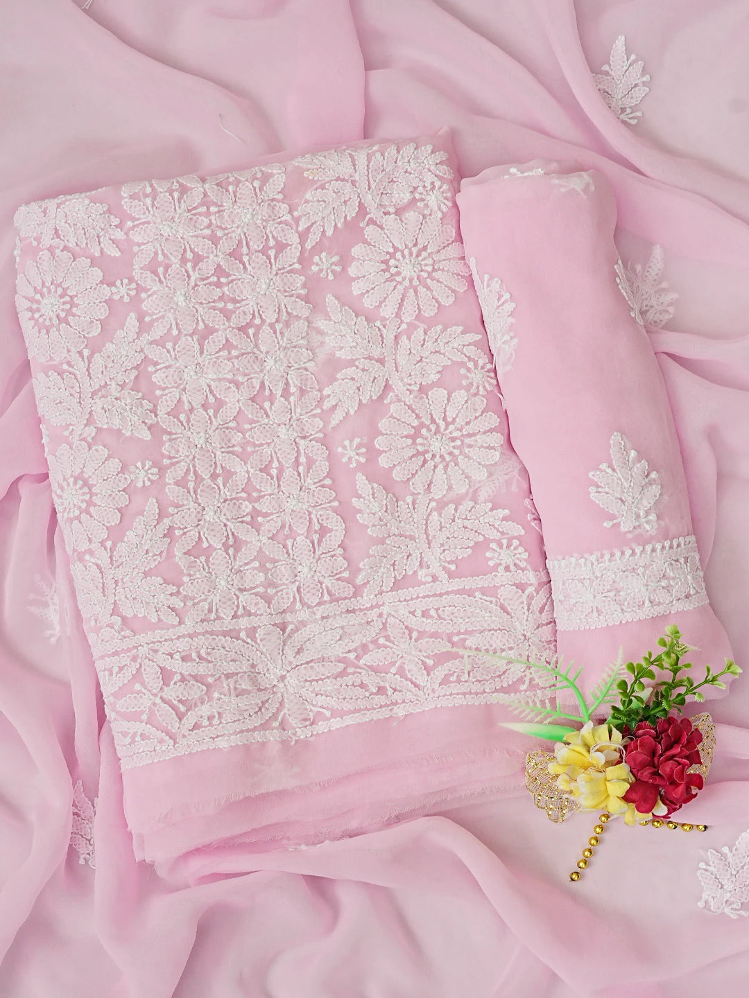 Ada Hand Embroidered Baby Pink Georgette Lucknowi Chikankari Unstitched Suit Piece 01A843417