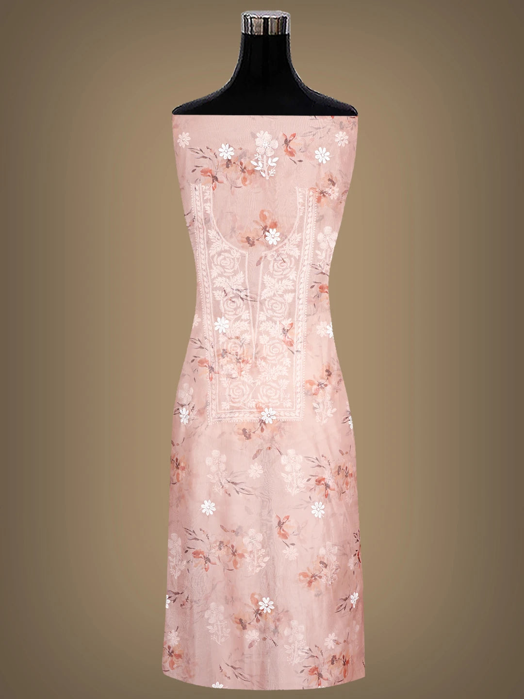 Ada Hand Embroidered Dusty Peach Organza Lucknowi Chikankari Unstitched Kurta Dupatta Set 01A833424