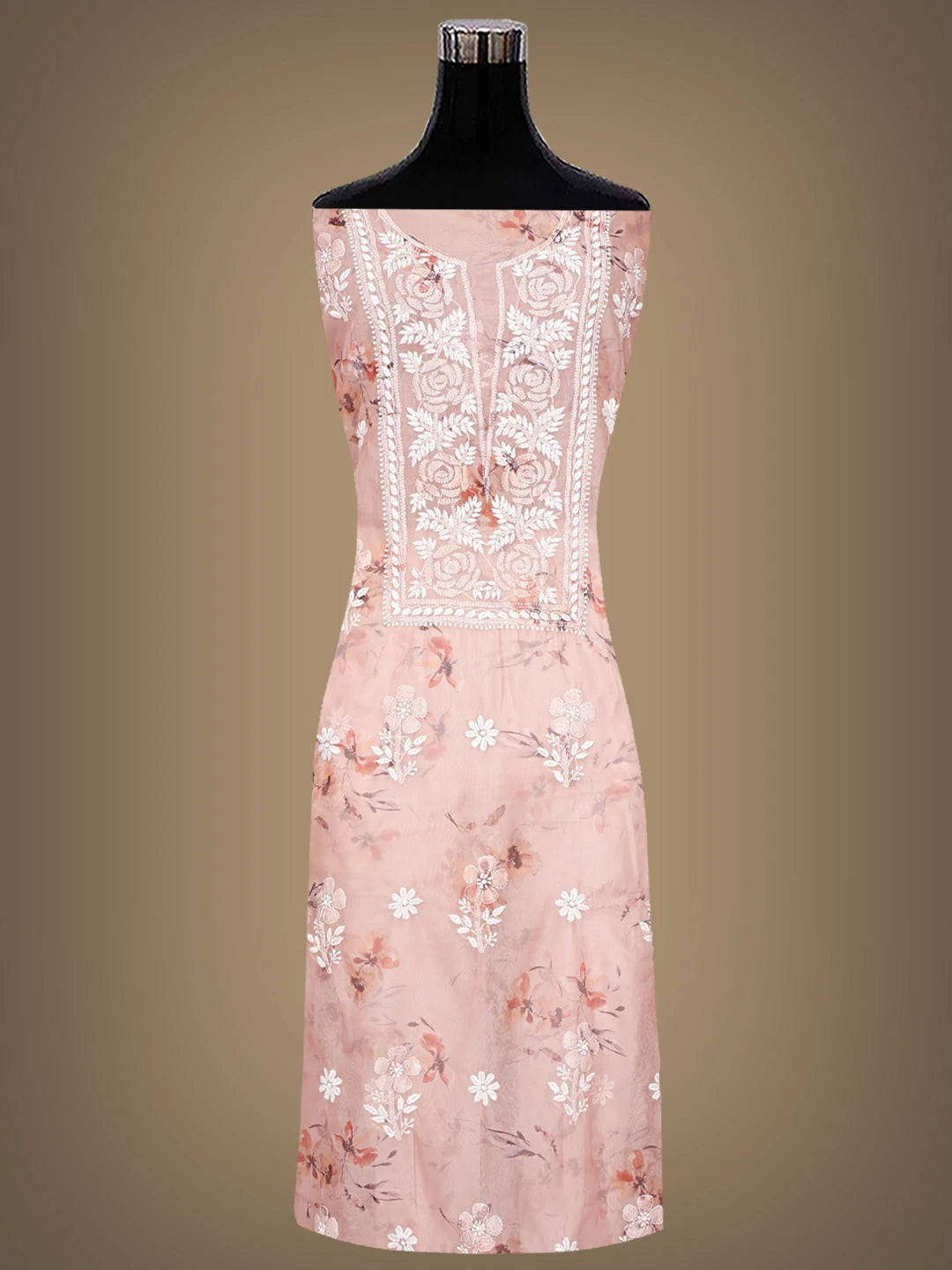 Ada Hand Embroidered Dusty Peach Organza Lucknowi Chikankari Unstitched Kurta Dupatta Set 01A833424