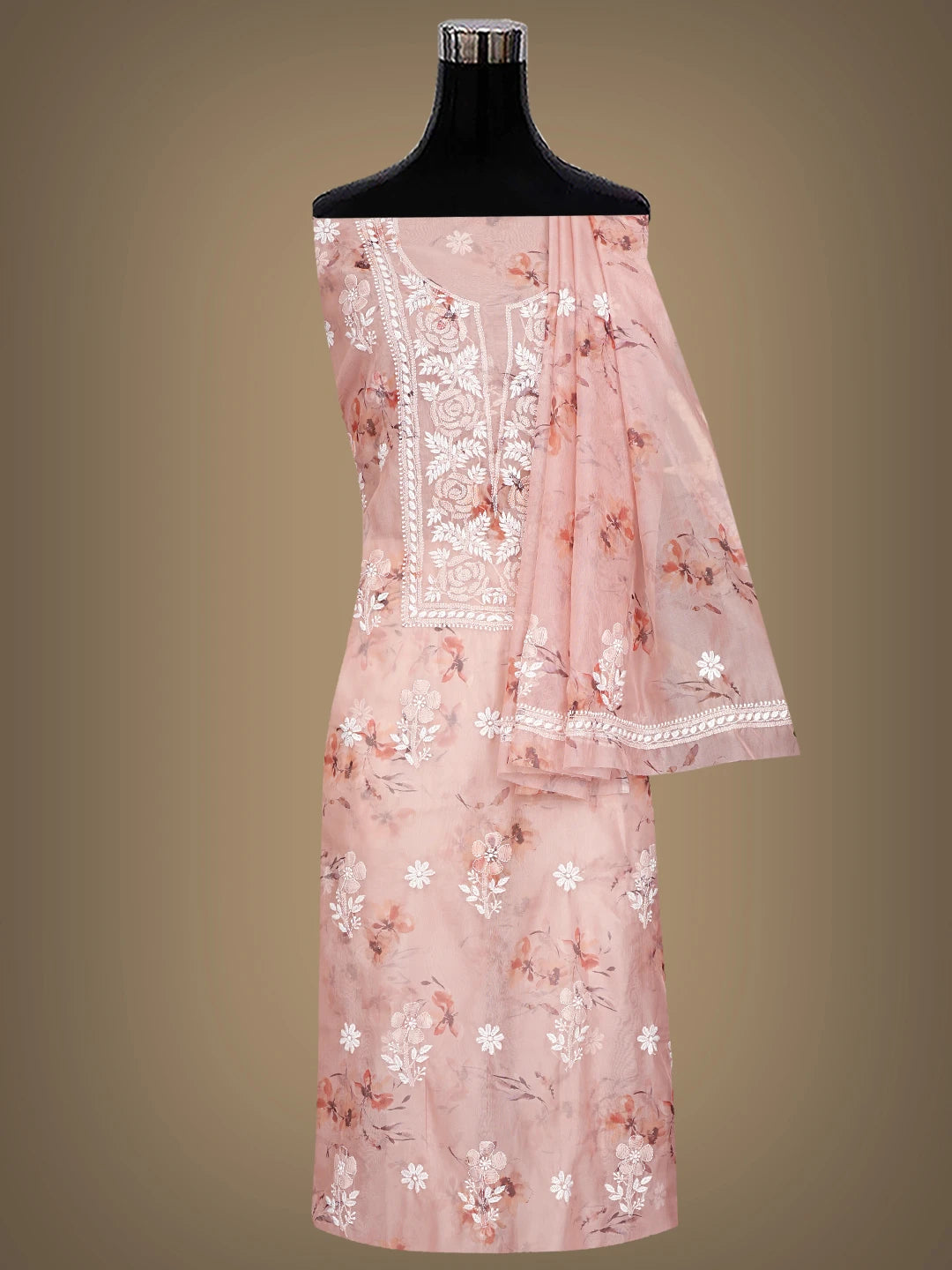Ada Hand Embroidered Dusty Peach Organza Lucknowi Chikankari Unstitched Kurta Dupatta Set 01A833424