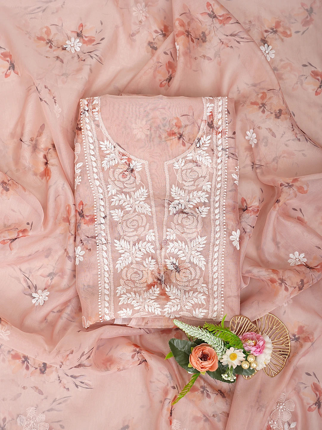 Ada Hand Embroidered Dusty Peach Organza Lucknowi Chikankari Unstitched Kurta Dupatta Set 01A833424