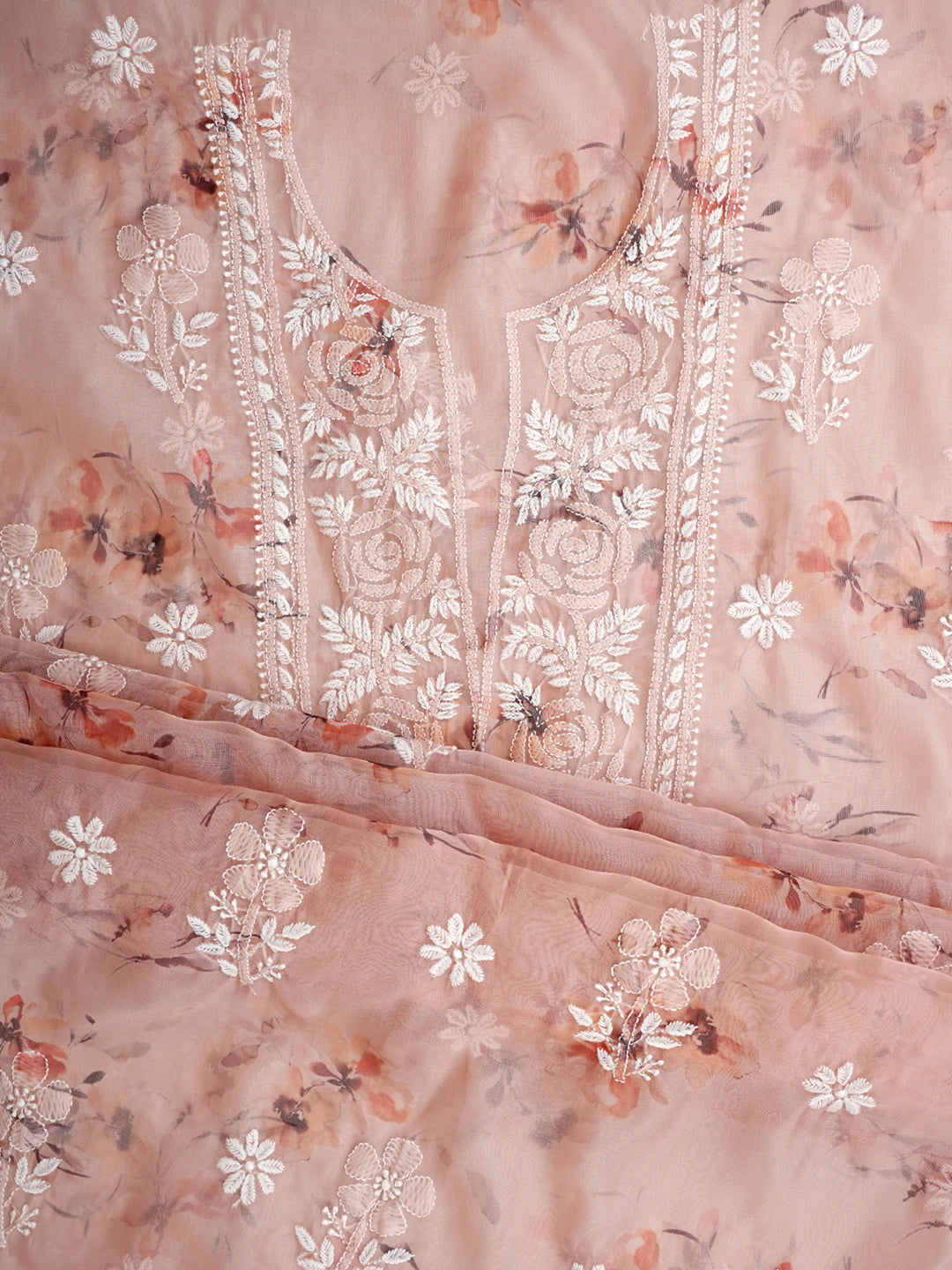 Ada Hand Embroidered Dusty Peach Organza Lucknowi Chikankari Unstitched Kurta Dupatta Set 01A833424