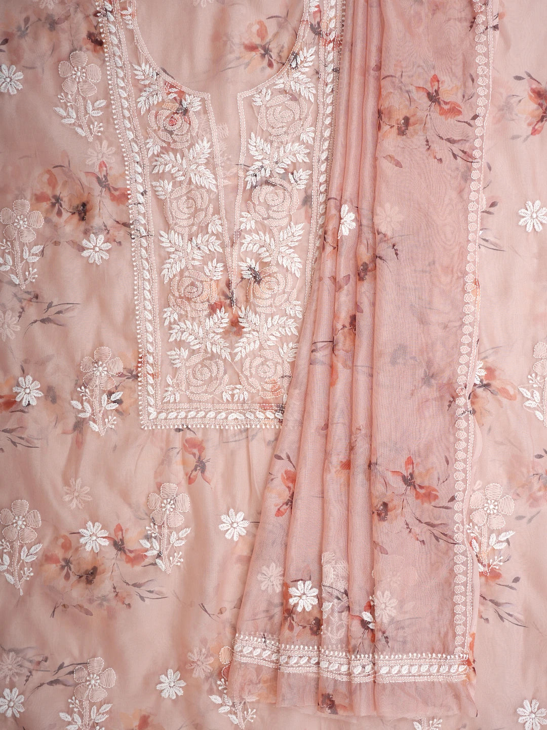 Ada Hand Embroidered Dusty Peach Organza Lucknowi Chikankari Unstitched Kurta Dupatta Set 01A833424