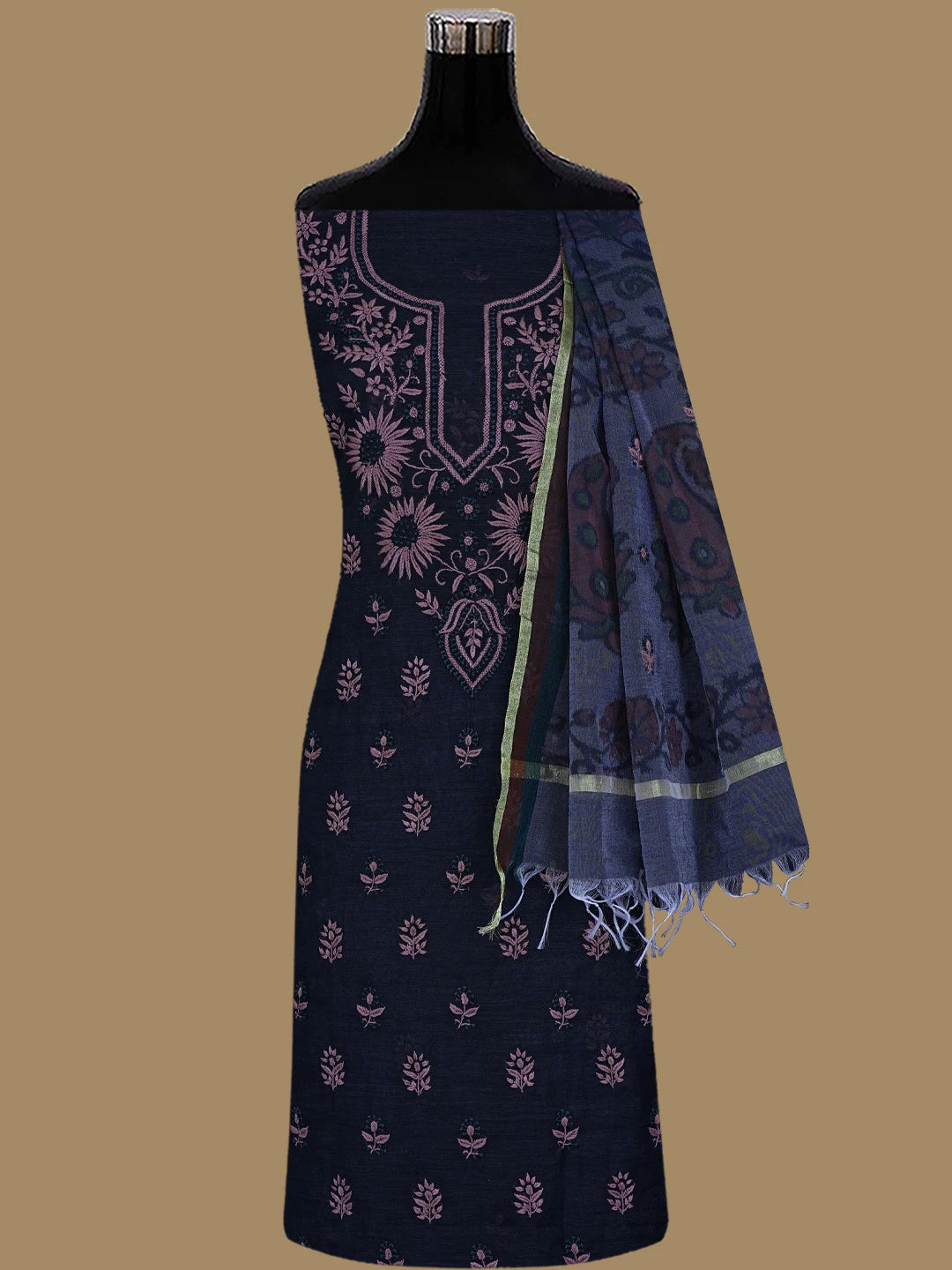 Ada Hand Embroidered Black Chanderi Lucknowi Chikankari Unstitched Kurta Dupatta Set 01A731844