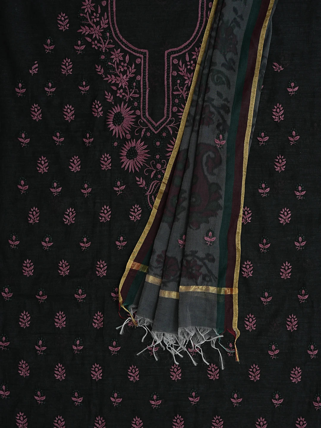 Ada Hand Embroidered Black Chanderi Lucknowi Chikankari Unstitched Kurta Dupatta Set 01A731844