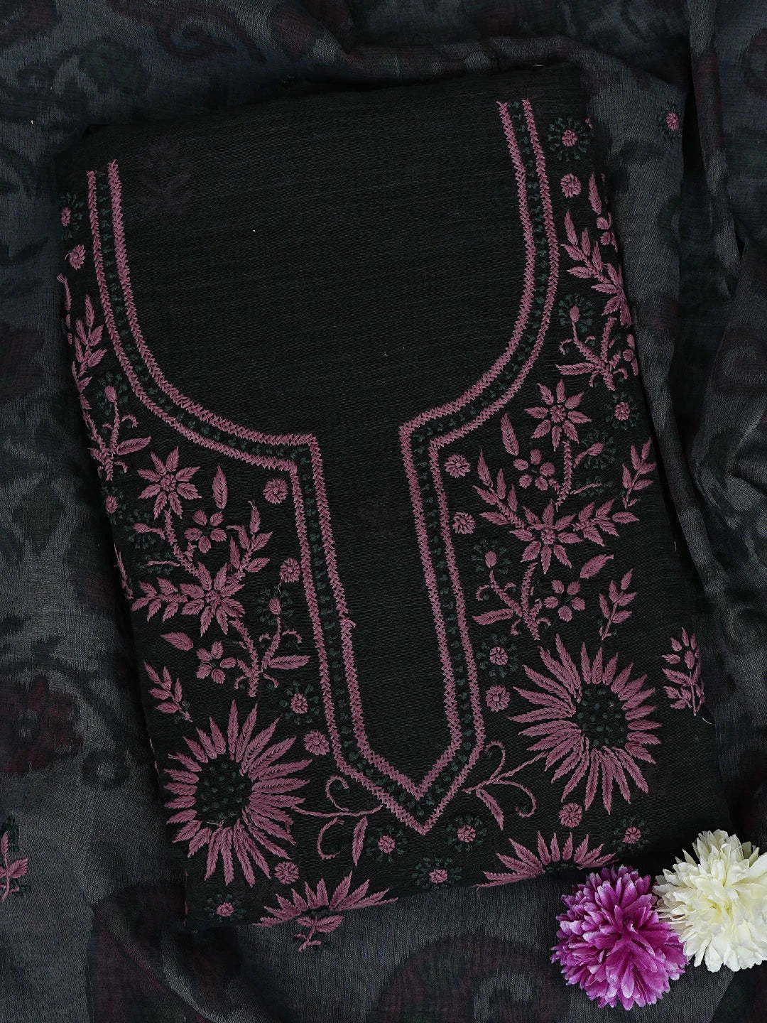 Ada Hand Embroidered Black Chanderi Lucknowi Chikankari Unstitched Kurta Dupatta Set 01A731844