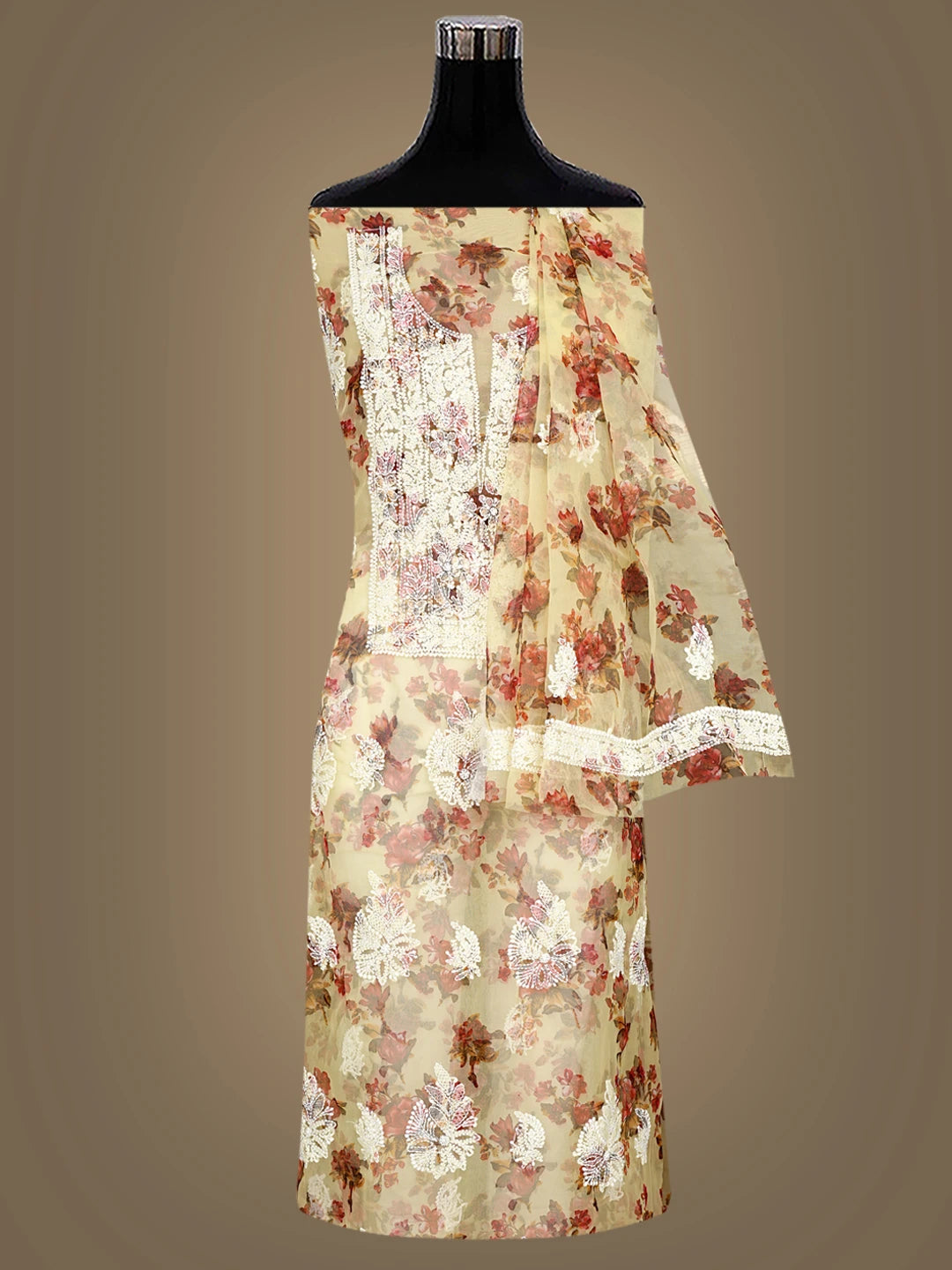 Ada Hand Embroidered Lemon Printed Organza Lucknowi Chikankari Unstitched Kurta Dupatta Set 01A740584