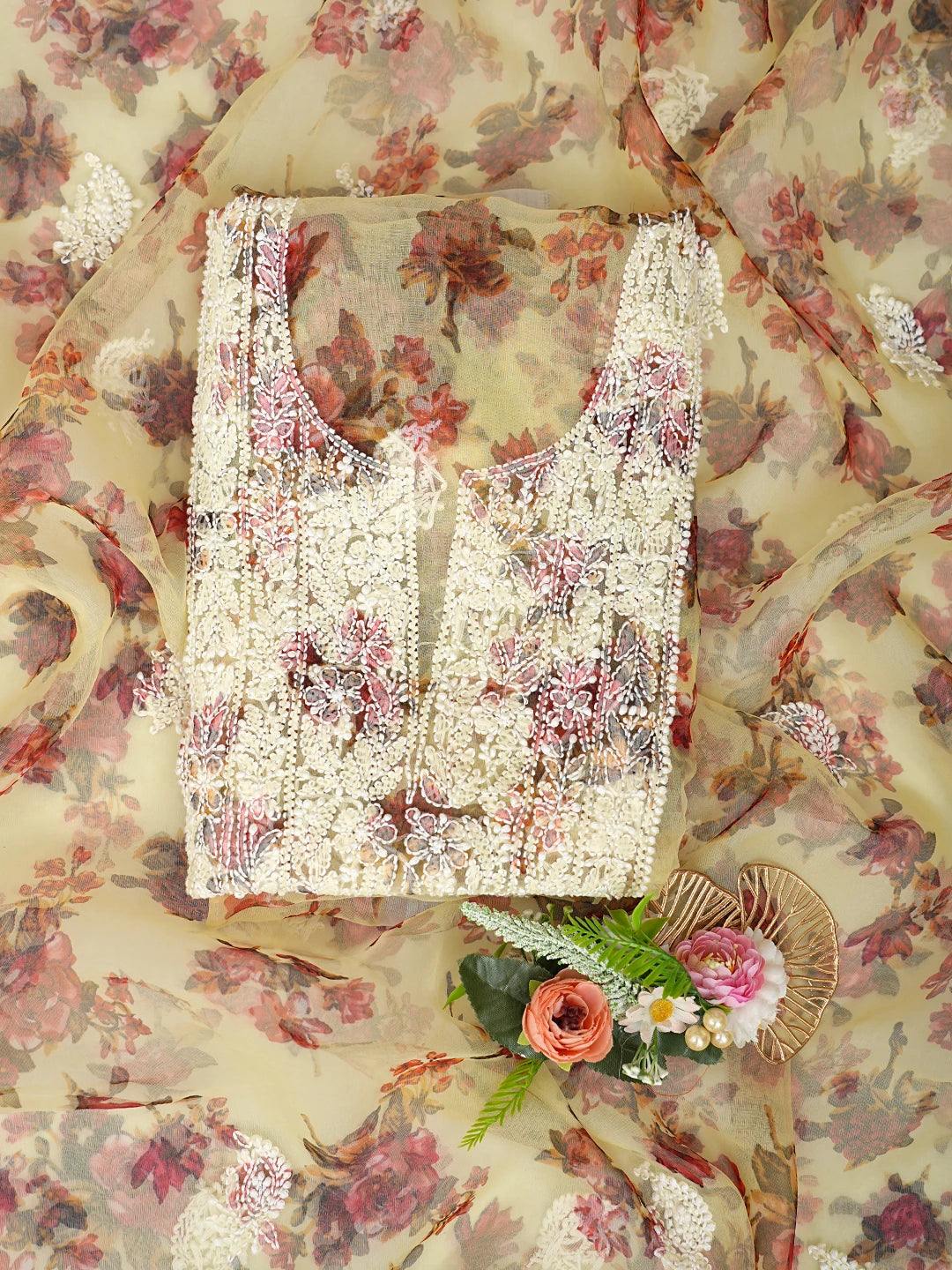 Ada Hand Embroidered Lemon Printed Organza Lucknowi Chikankari Unstitched Kurta Dupatta Set 01A740584