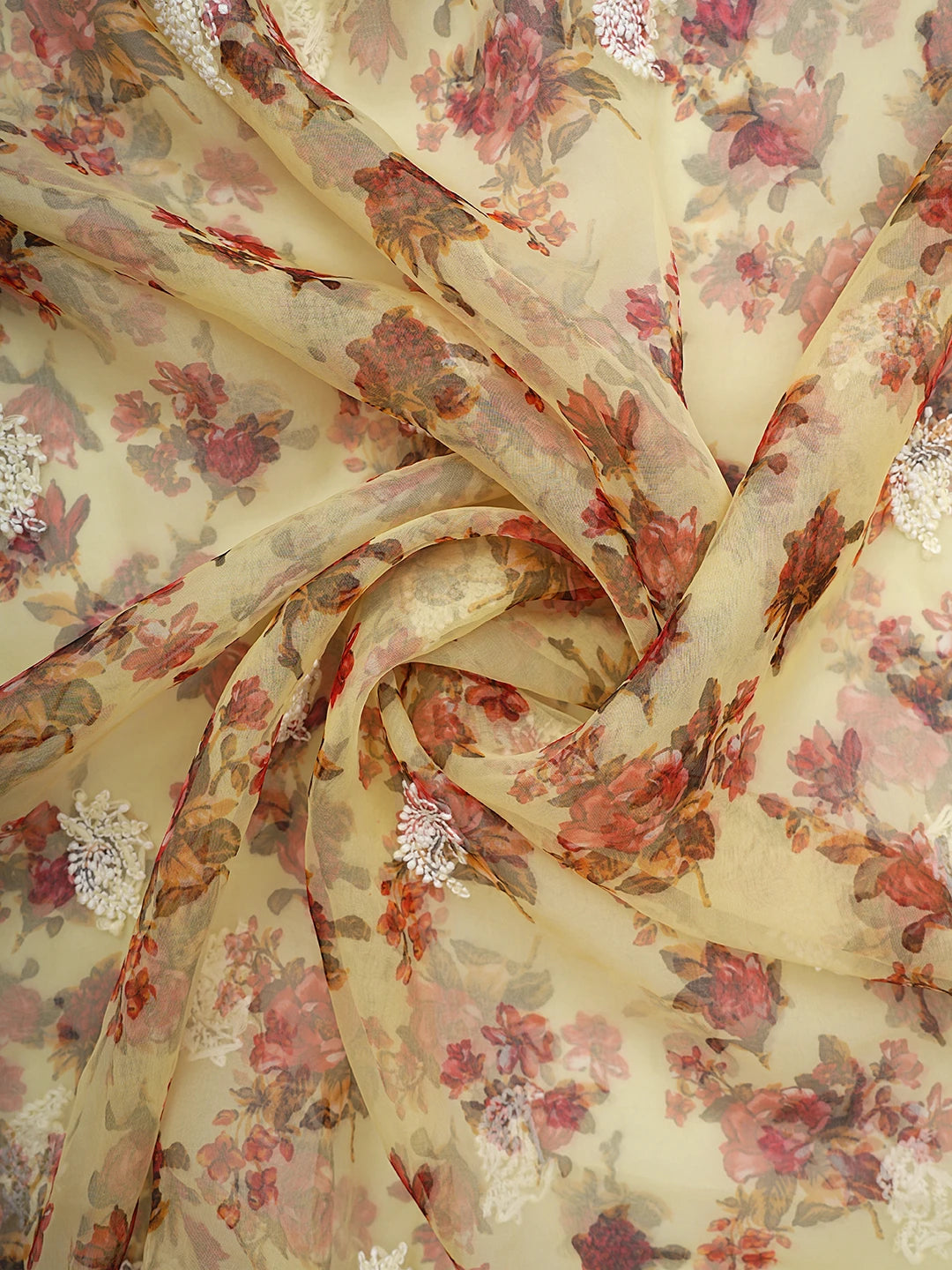 Ada Hand Embroidered Lemon Printed Organza Lucknowi Chikankari Unstitched Kurta Dupatta Set 01A740584