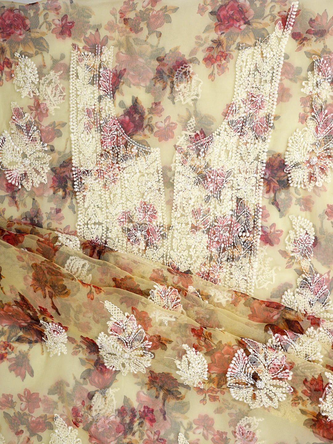 Ada Hand Embroidered Lemon Printed Organza Lucknowi Chikankari Unstitched Kurta Dupatta Set 01A740584