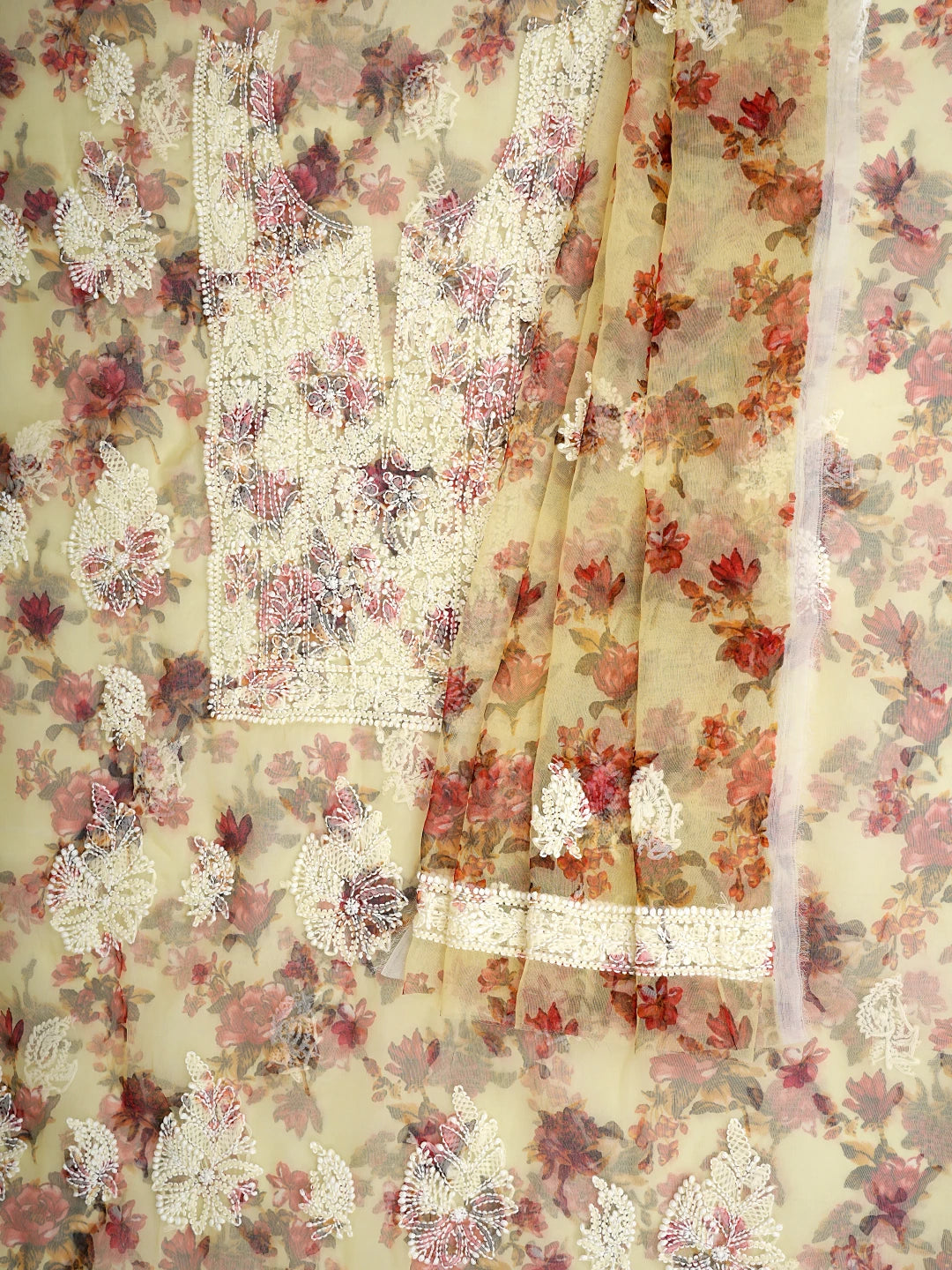 Ada Hand Embroidered Lemon Printed Organza Lucknowi Chikankari Unstitched Kurta Dupatta Set 01A740584