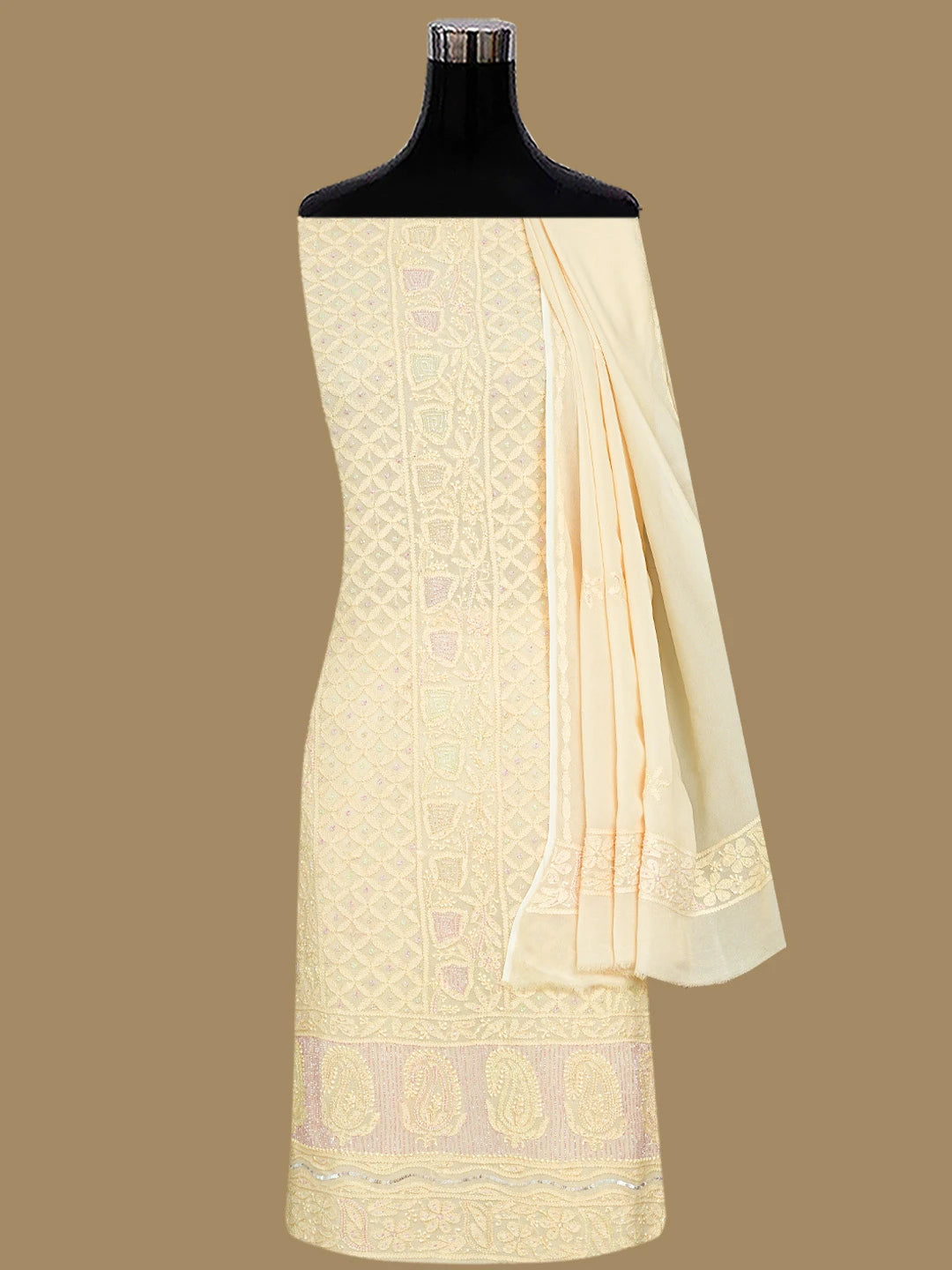 Ada Hand Embroidered Beige Viscose Georgette Lucknowi Chikankari Unstitched Kurta Dupatta Set With Cutdana Work 01A807100