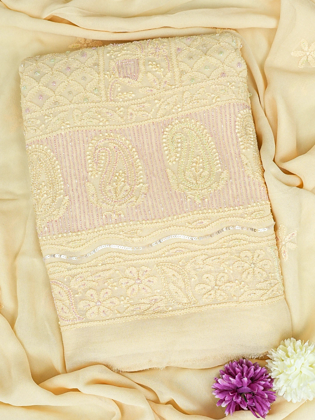 Ada Hand Embroidered Beige Viscose Georgette Lucknowi Chikankari Unstitched Kurta Dupatta Set With Cutdana Work 01A807100
