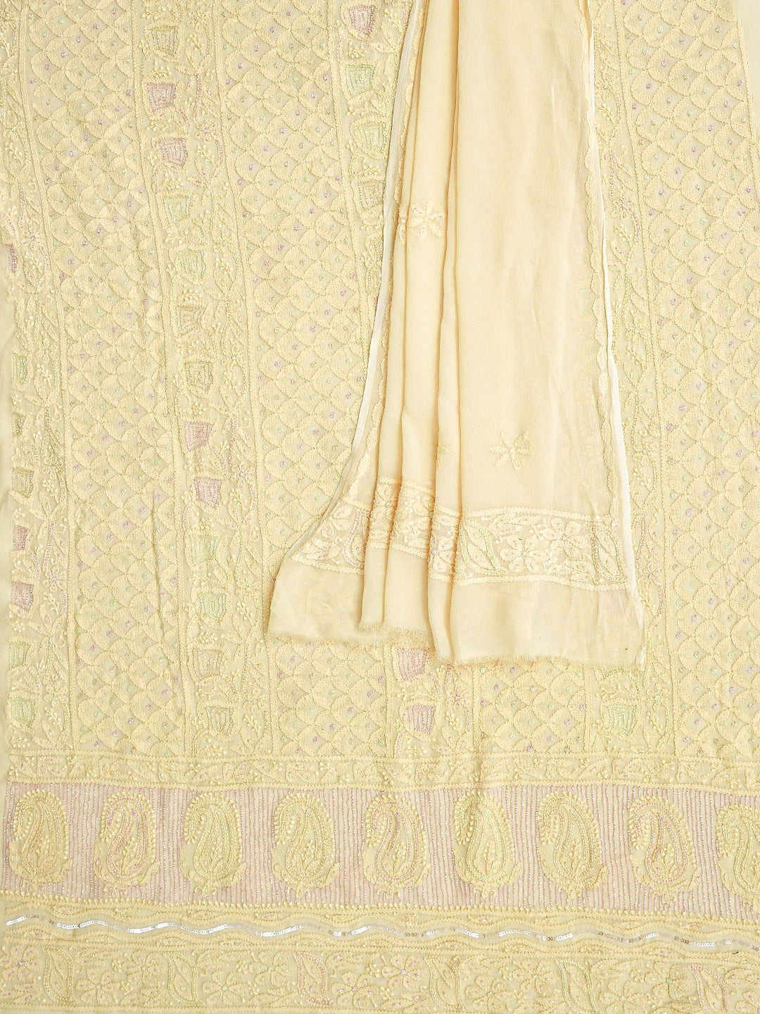 Ada Hand Embroidered Beige Viscose Georgette Lucknowi Chikankari Unstitched Kurta Dupatta Set With Cutdana Work 01A807100