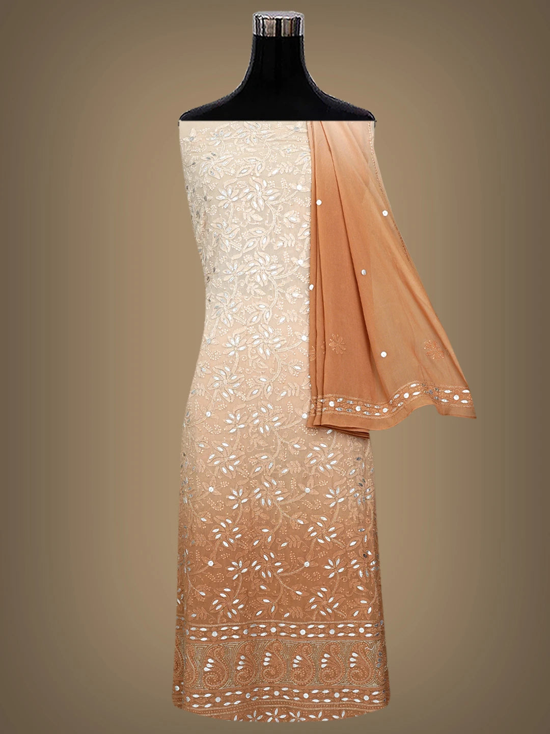 Ada Hand Embroidered Brown Viscose Georgette Lucknowi Chikankari Unstitched Kurta Dupatta Set With Gotapatti Work 01A809562