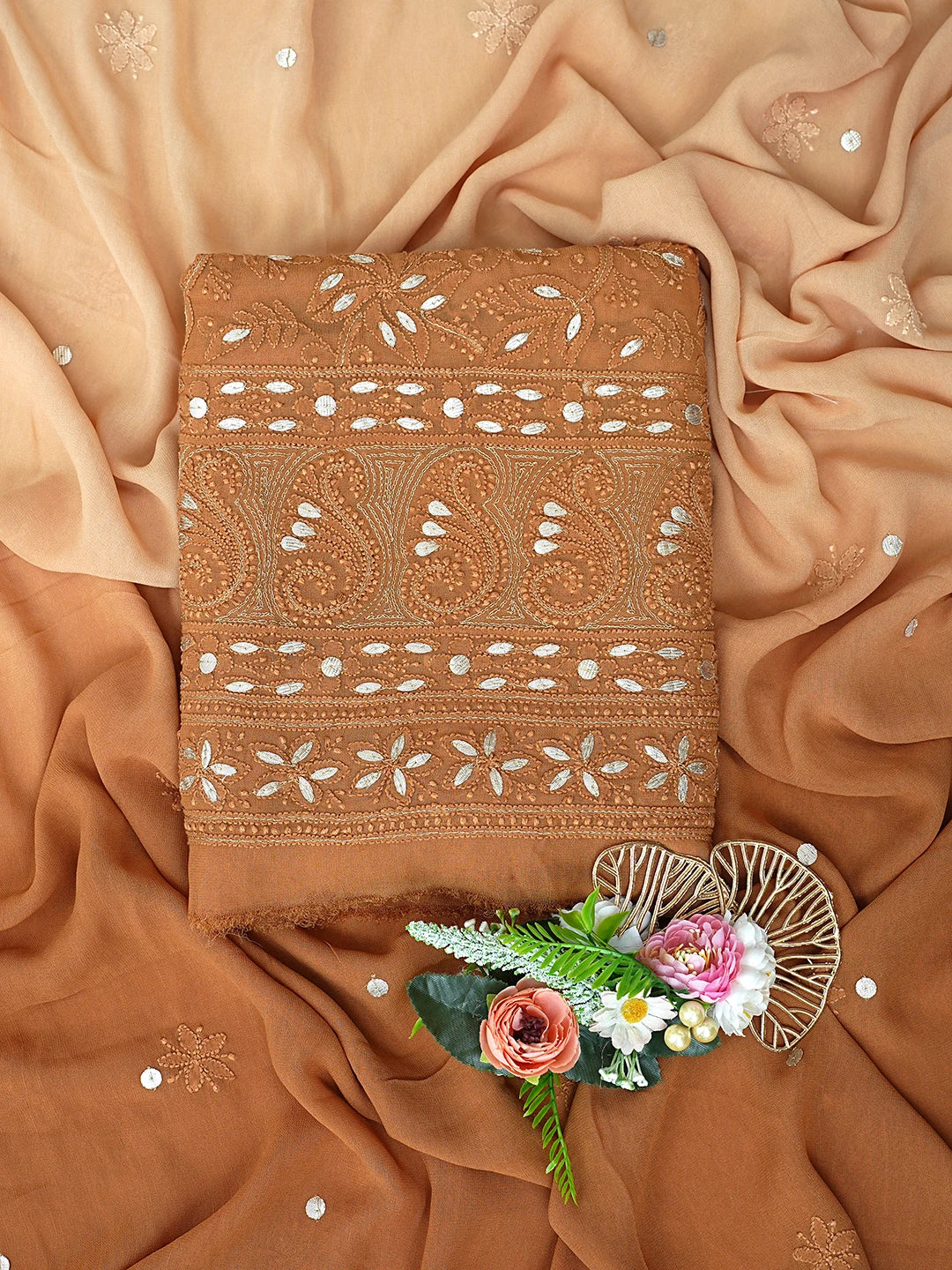 Ada Hand Embroidered Brown Viscose Georgette Lucknowi Chikankari Unstitched Kurta Dupatta Set With Gotapatti Work 01A809562
