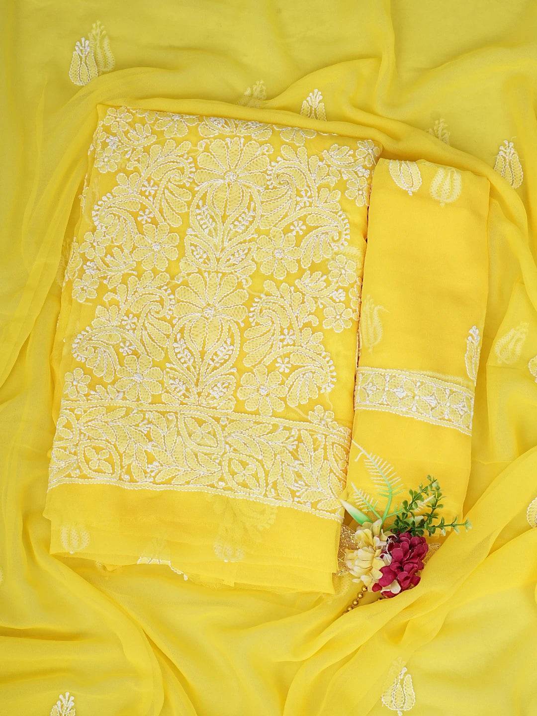 Ada Hand Embroidered yellow Georgette Lucknowi Chikankari Unstitched Suit Piece 01A843807