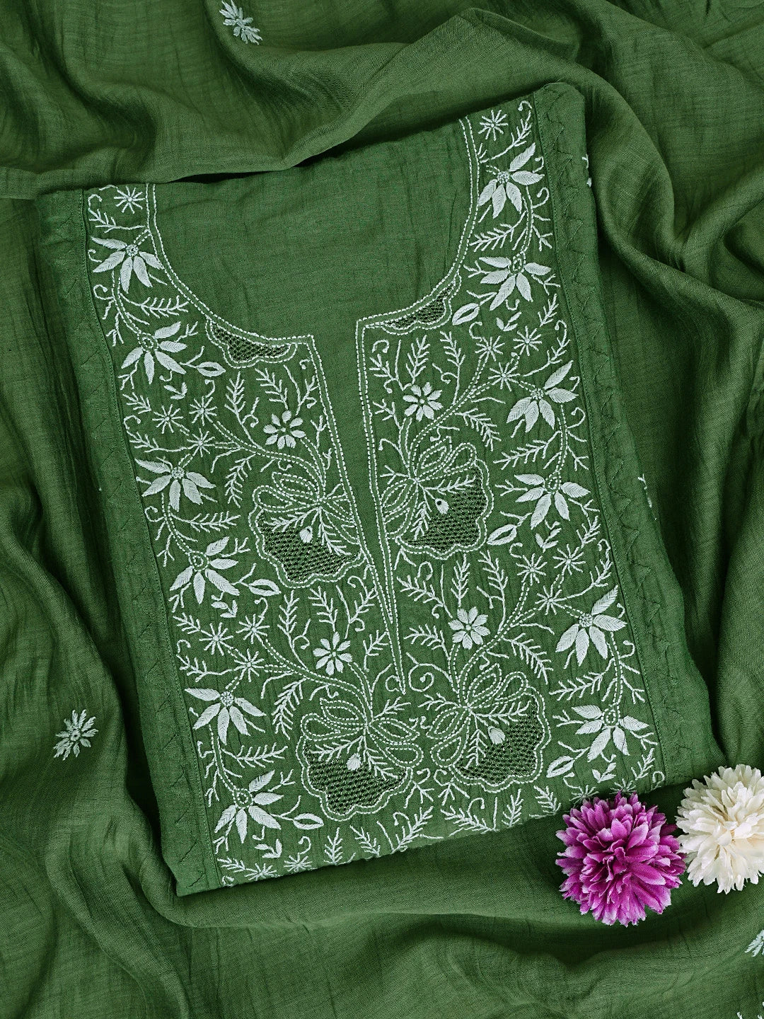 Ada Hand Embroidered Bottle Green Chanderi Lucknowi Chikankari Semi-Stitched Kurta Dupatta Set With Zari Work01A639515