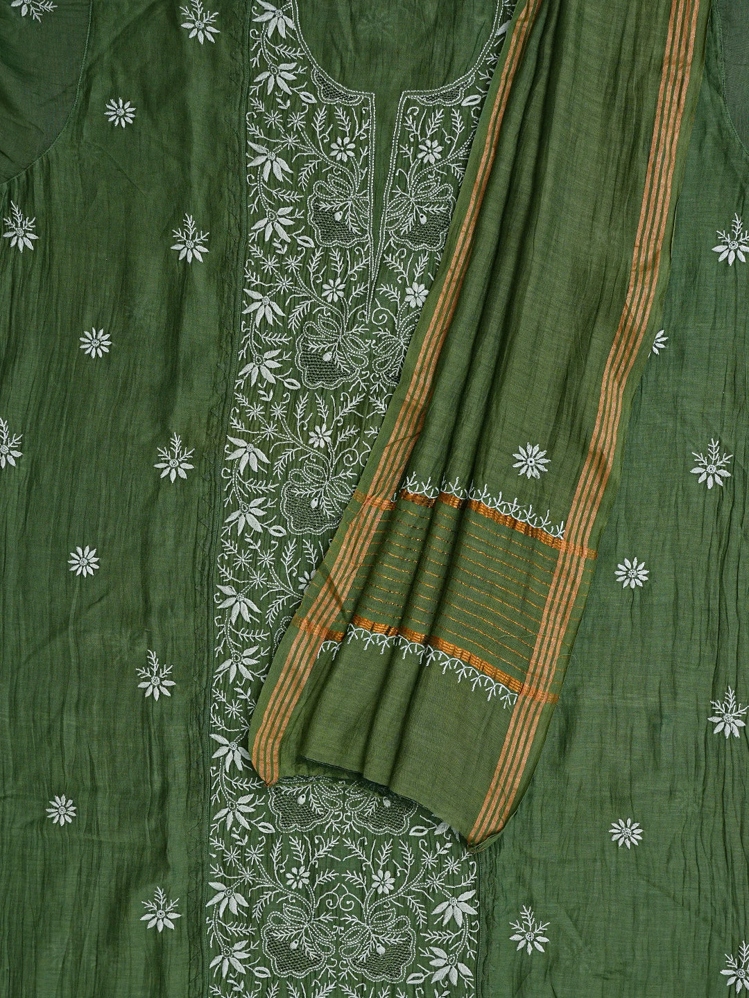 Ada Hand Embroidered Bottle Green Chanderi Lucknowi Chikankari Semi-Stitched Kurta Dupatta Set With Zari Work01A639515