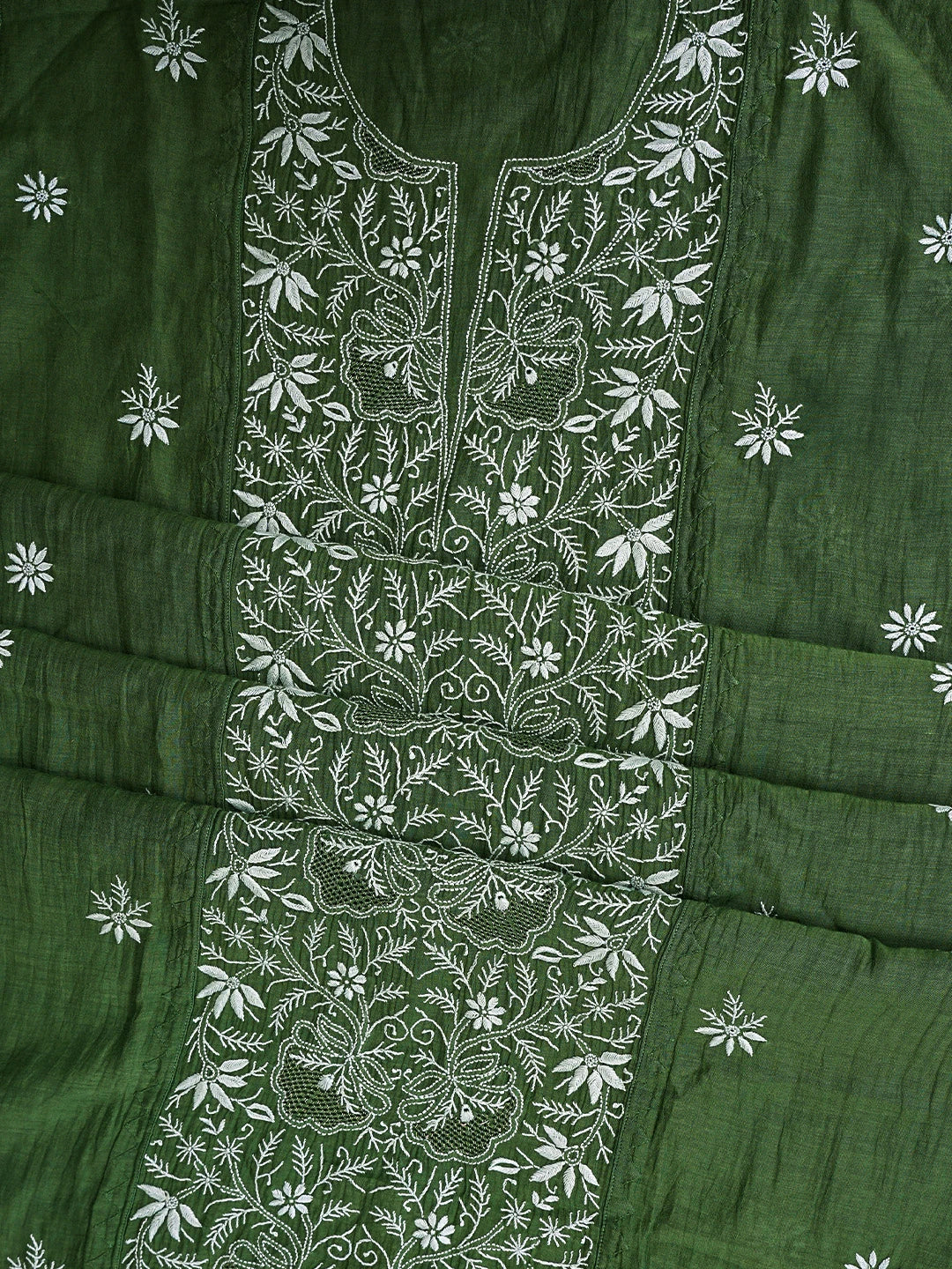 Ada Hand Embroidered Bottle Green Chanderi Lucknowi Chikankari Semi-Stitched Kurta Dupatta Set With Zari Work01A639515