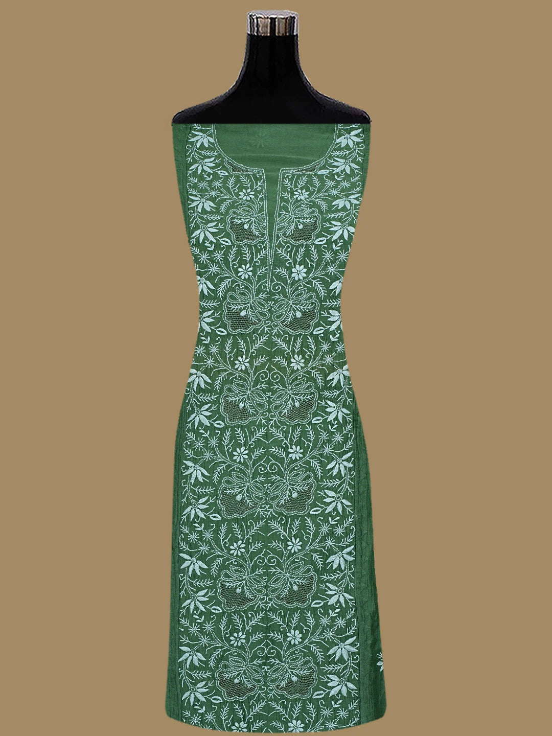Ada Hand Embroidered Bottle Green Chanderi Lucknowi Chikankari Semi-Stitched Kurta Dupatta Set With Zari Work01A639515
