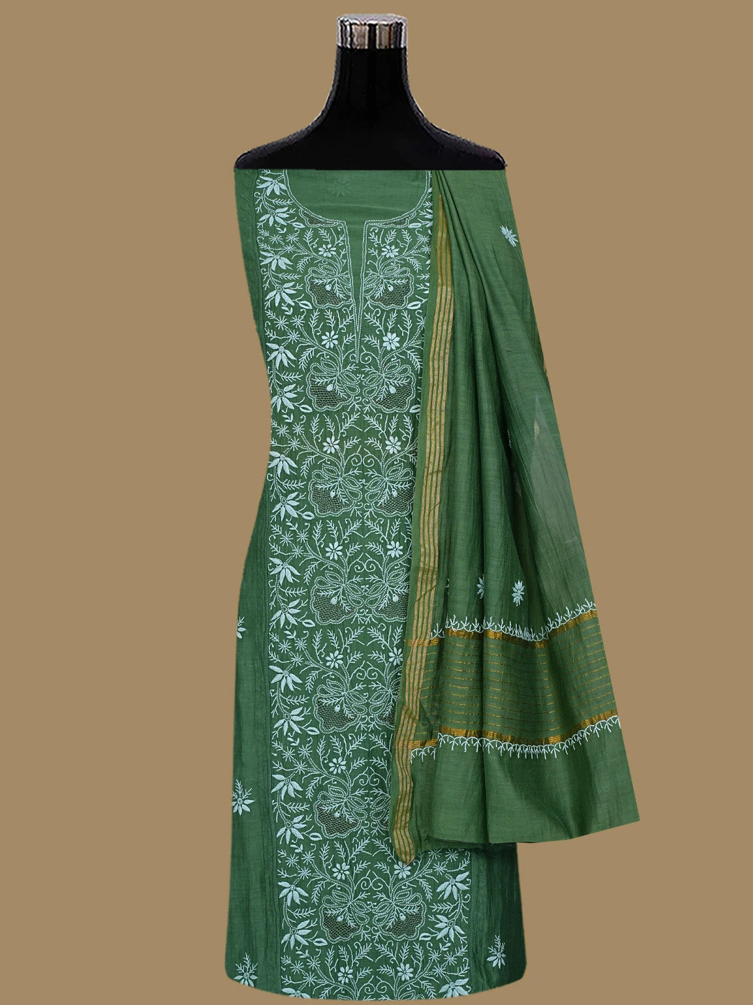 Ada Hand Embroidered Bottle Green Chanderi Lucknowi Chikankari Semi-Stitched Kurta Dupatta Set With Zari Work01A639515