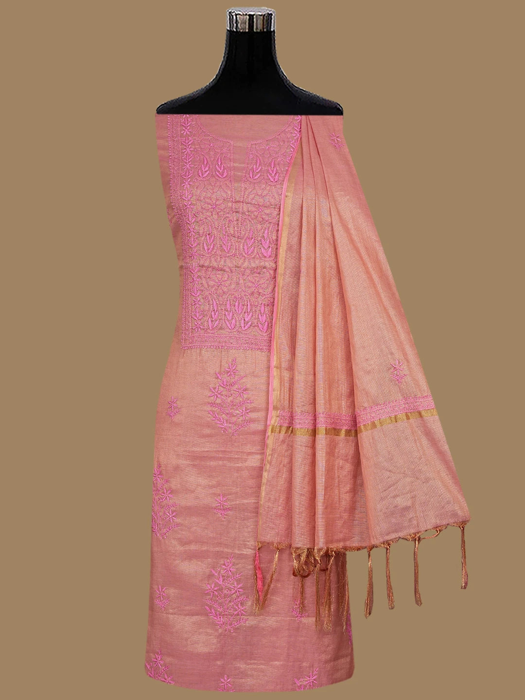 Ada Hand Embroidered Candy Pink Tissue Lucknowi Chikankari Unstitched Kurta Dupatta Set 01A788920