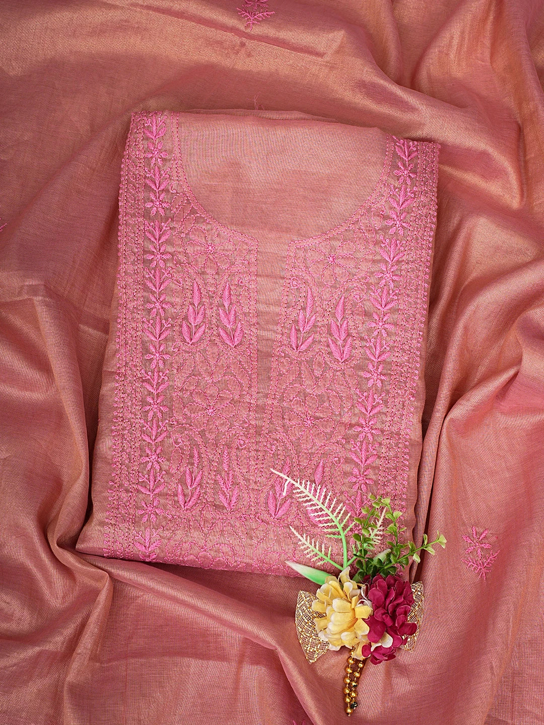 Ada Hand Embroidered Candy Pink Tissue Lucknowi Chikankari Unstitched Kurta Dupatta Set 01A788920