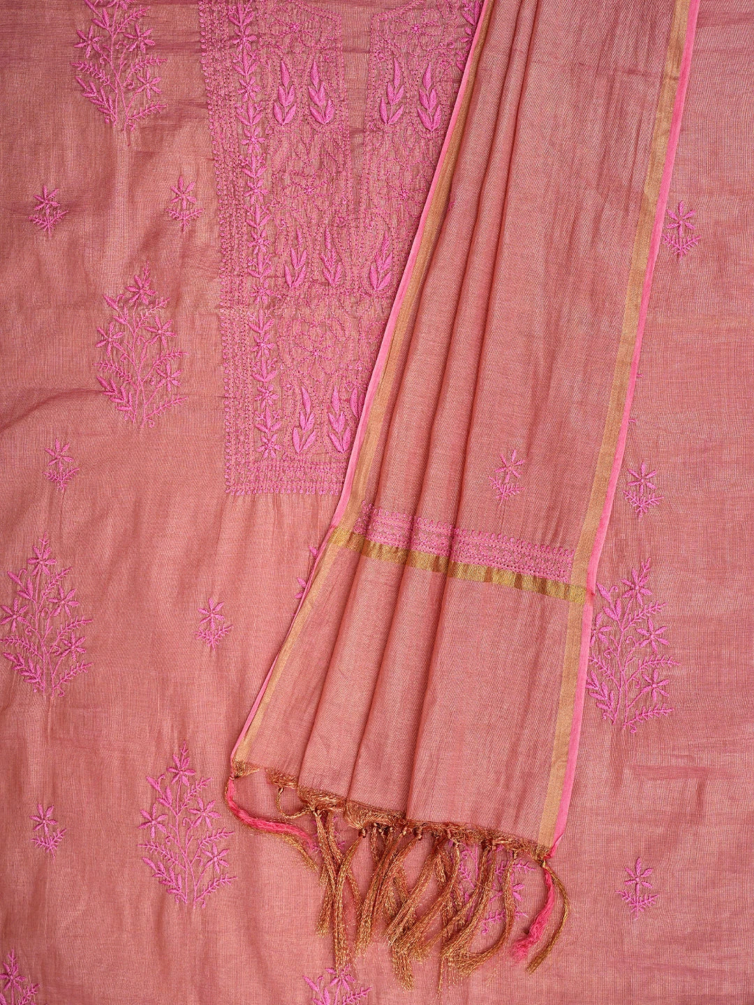 Ada Hand Embroidered Candy Pink Tissue Lucknowi Chikankari Unstitched Kurta Dupatta Set 01A788920