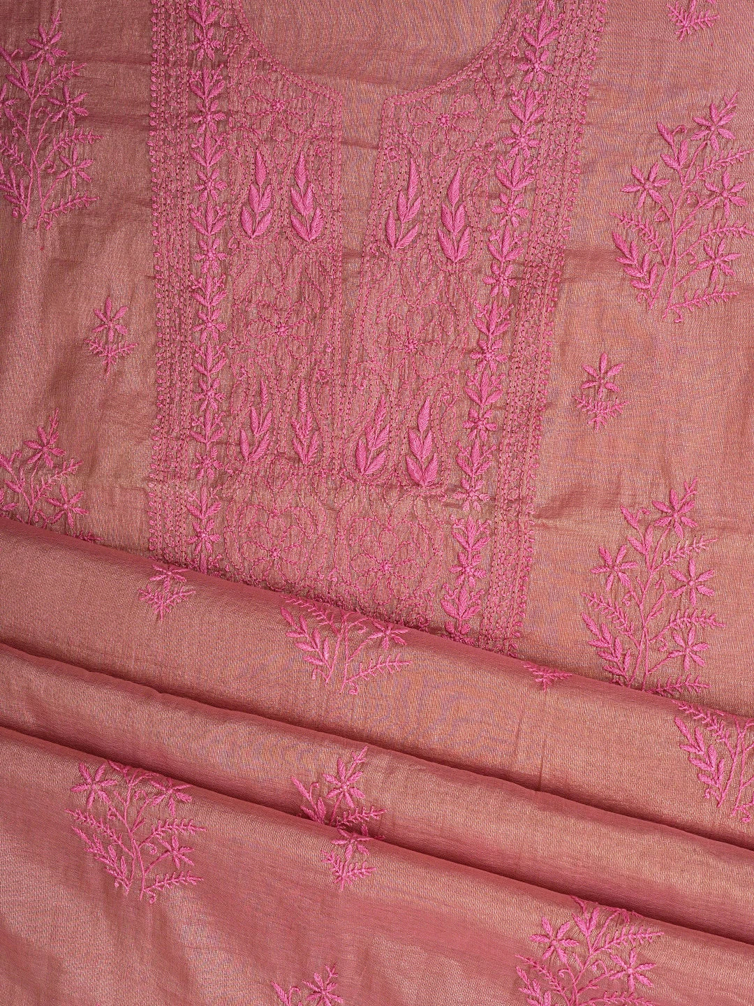 Ada Hand Embroidered Candy Pink Tissue Lucknowi Chikankari Unstitched Kurta Dupatta Set 01A788920