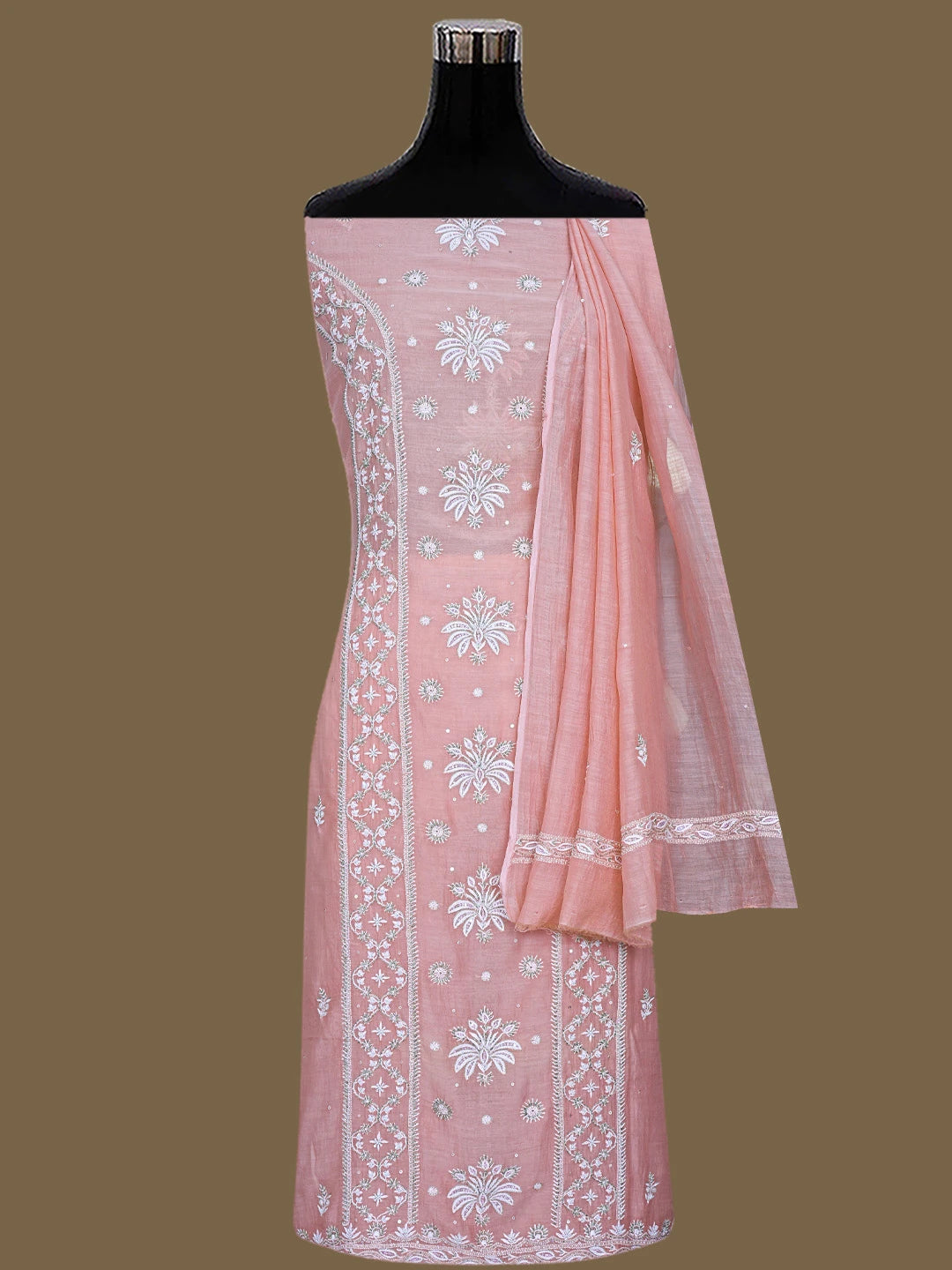 Ada Hand Embroidered Pinky Peach Chanderi Lucknowi Chikankari Unstitched Kurta Dupatta Set With Cutdana Work 01A682978