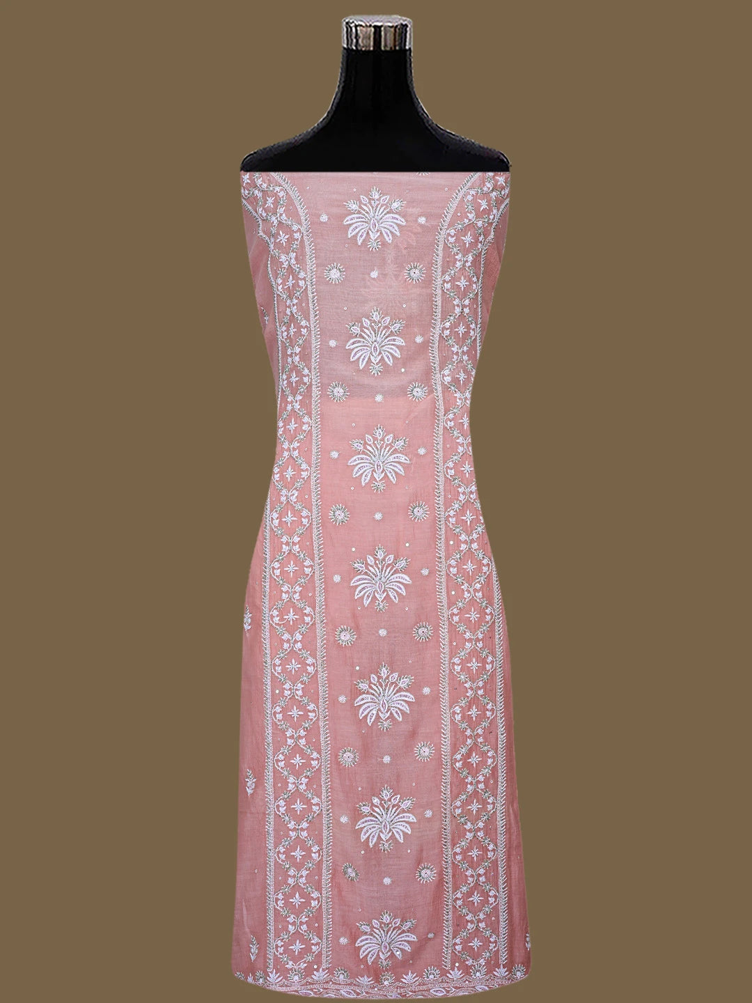 Ada Hand Embroidered Pinky Peach Chanderi Lucknowi Chikankari Unstitched Kurta Dupatta Set With Cutdana Work 01A682978