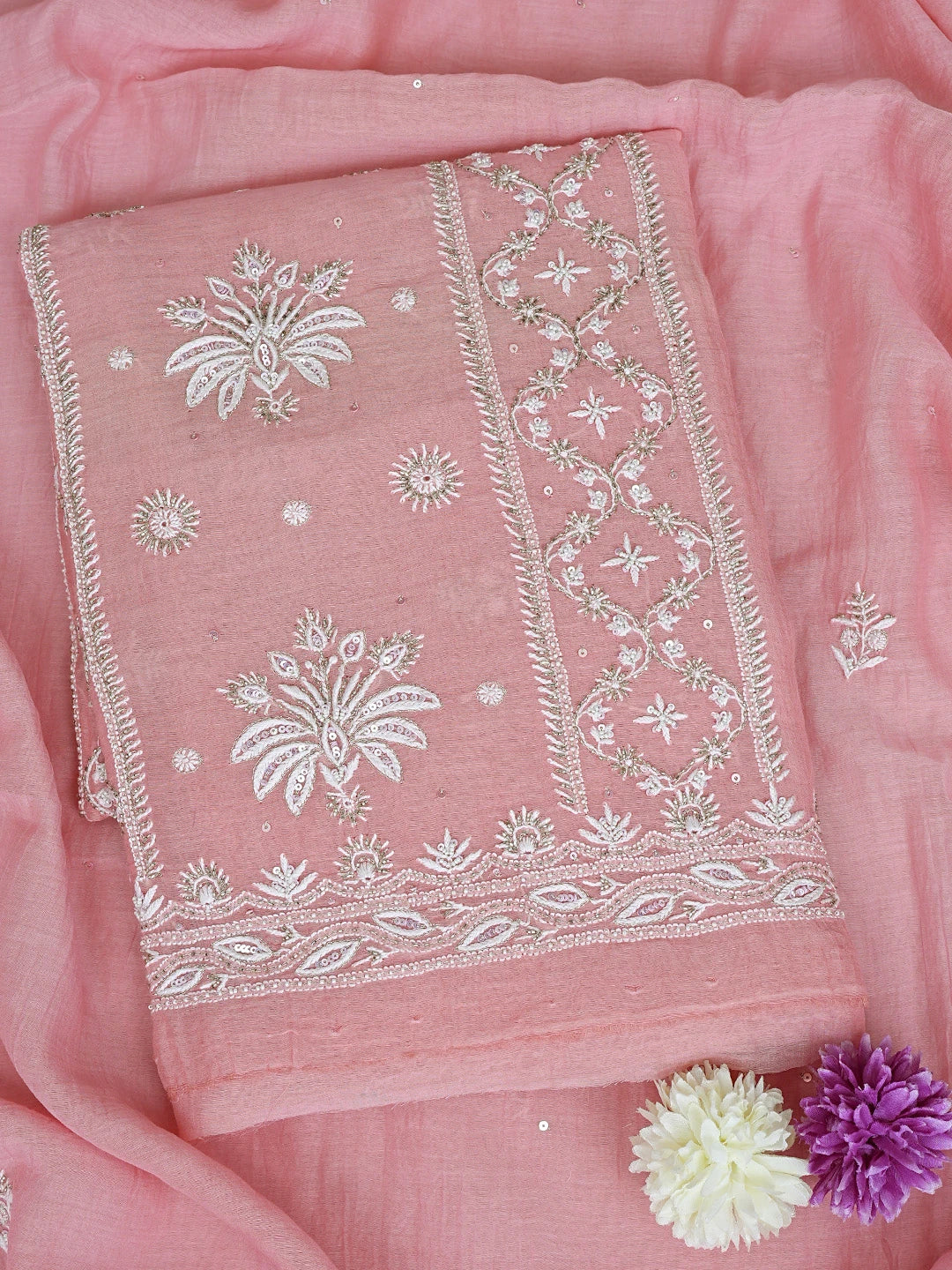 Ada Hand Embroidered Pinky Peach Chanderi Lucknowi Chikankari Unstitched Kurta Dupatta Set With Cutdana Work 01A682978