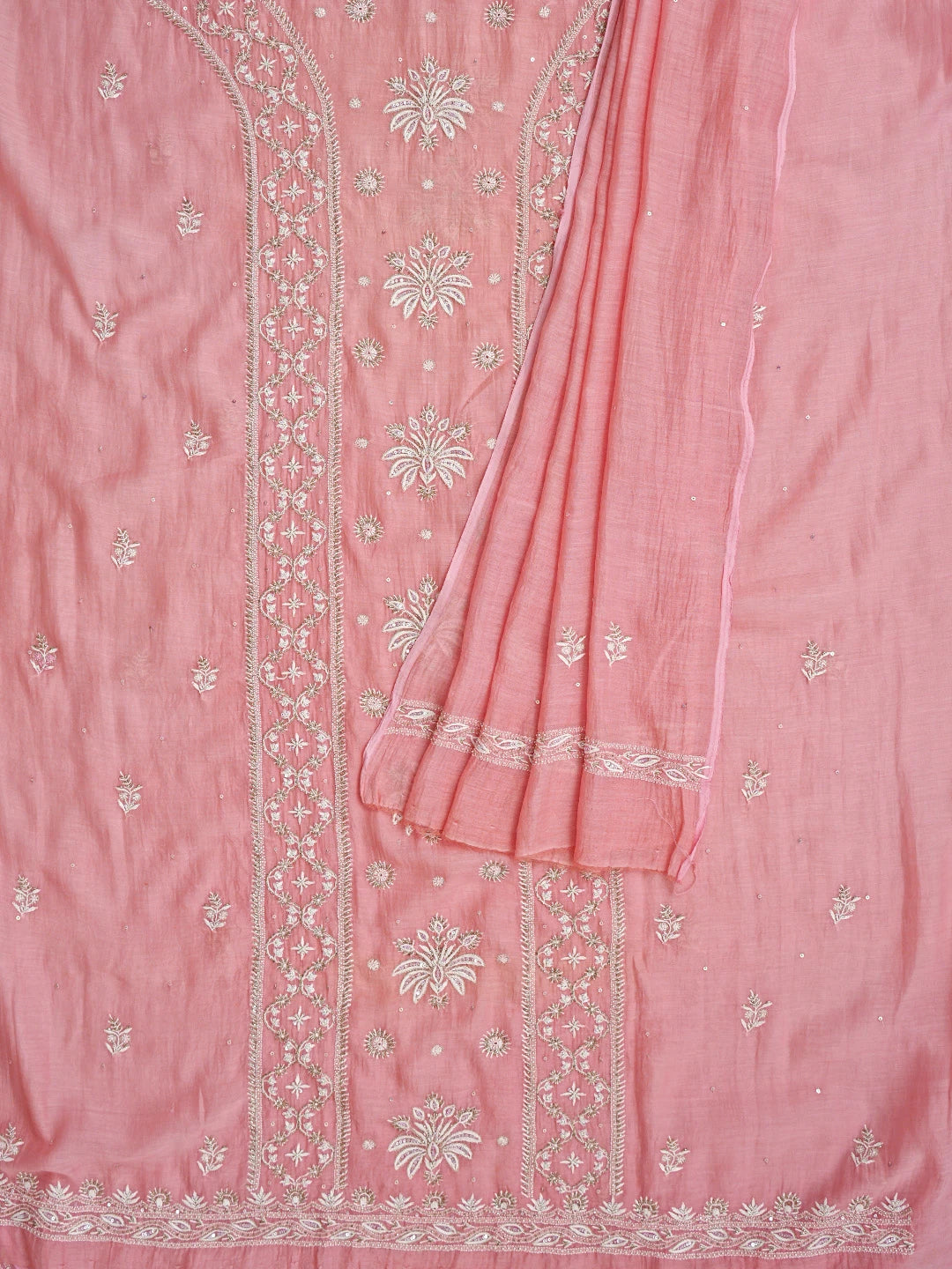 Ada Hand Embroidered Pinky Peach Chanderi Lucknowi Chikankari Unstitched Kurta Dupatta Set With Cutdana Work 01A682978