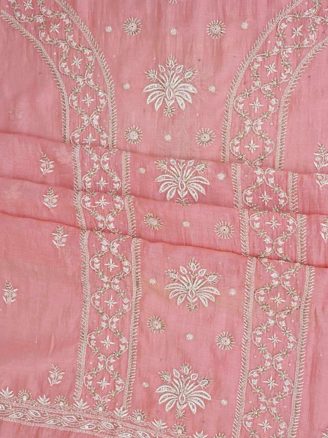 Ada Hand Embroidered Pinky Peach Chanderi Lucknowi Chikankari Unstitched Kurta Dupatta Set With Cutdana Work 01A682978