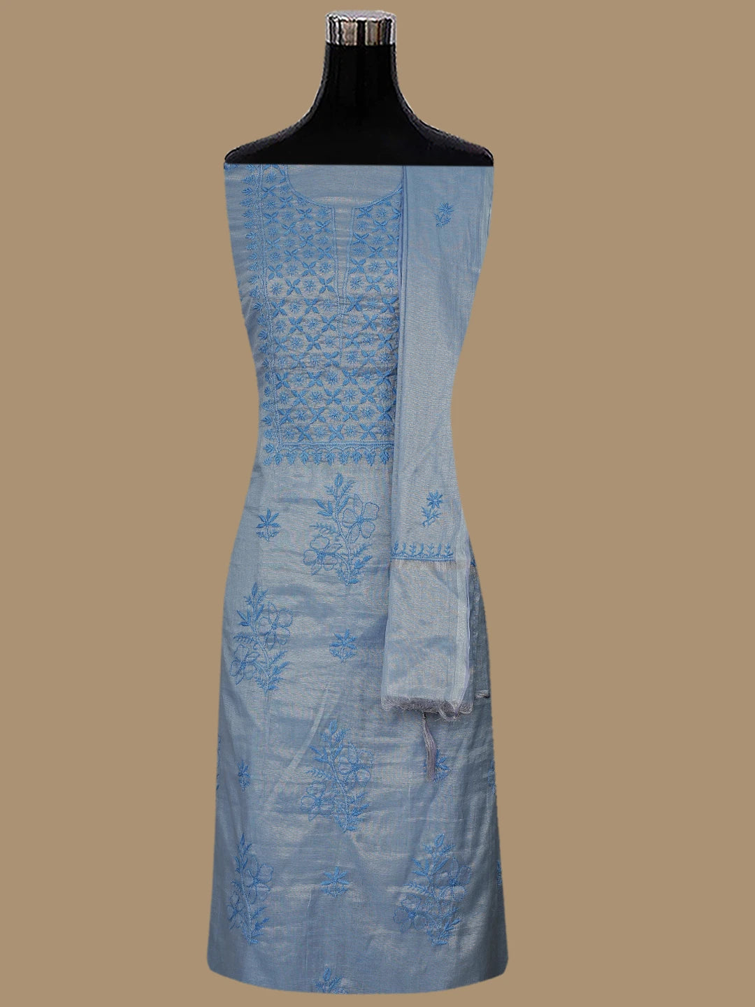 Ada Hand Embroidered Blueish Grey Tissue Lucknowi Chikankari Unstitched Kurta Dupatta Set 01A810659