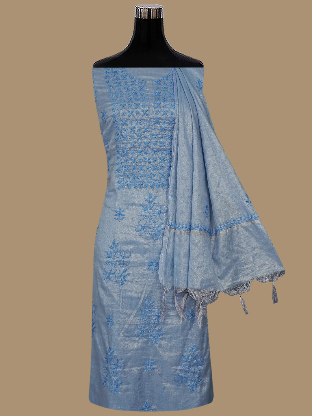 Ada Hand Embroidered Blueish Grey Tissue Lucknowi Chikankari Unstitched Kurta Dupatta Set 01A810659