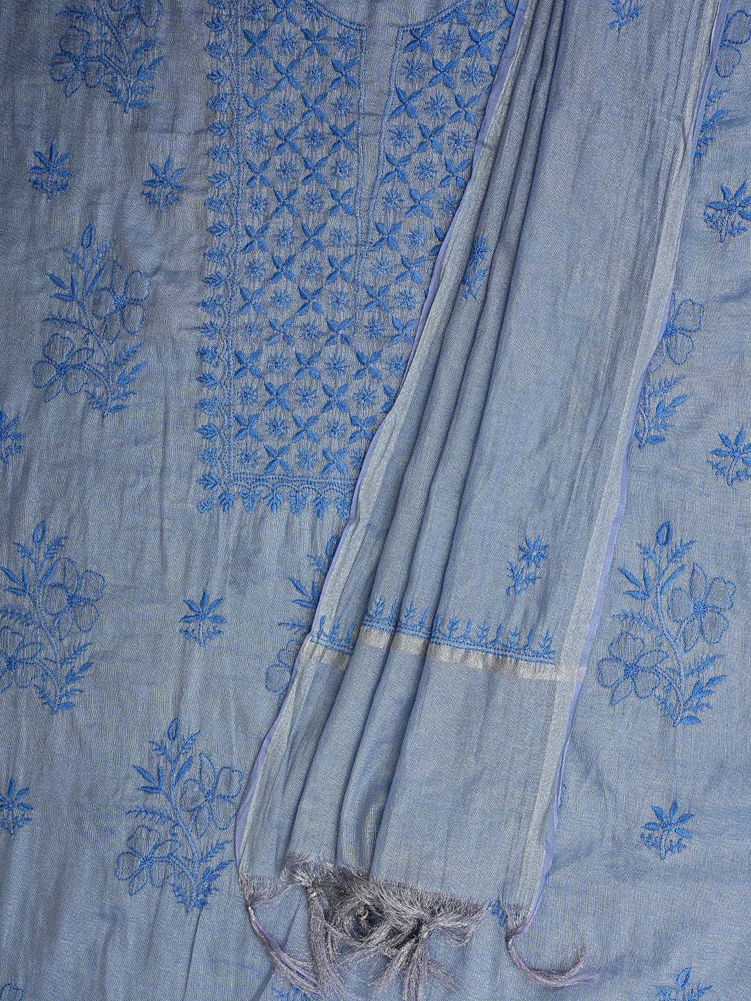 Ada Hand Embroidered Blueish Grey Tissue Lucknowi Chikankari Unstitched Kurta Dupatta Set 01A810659
